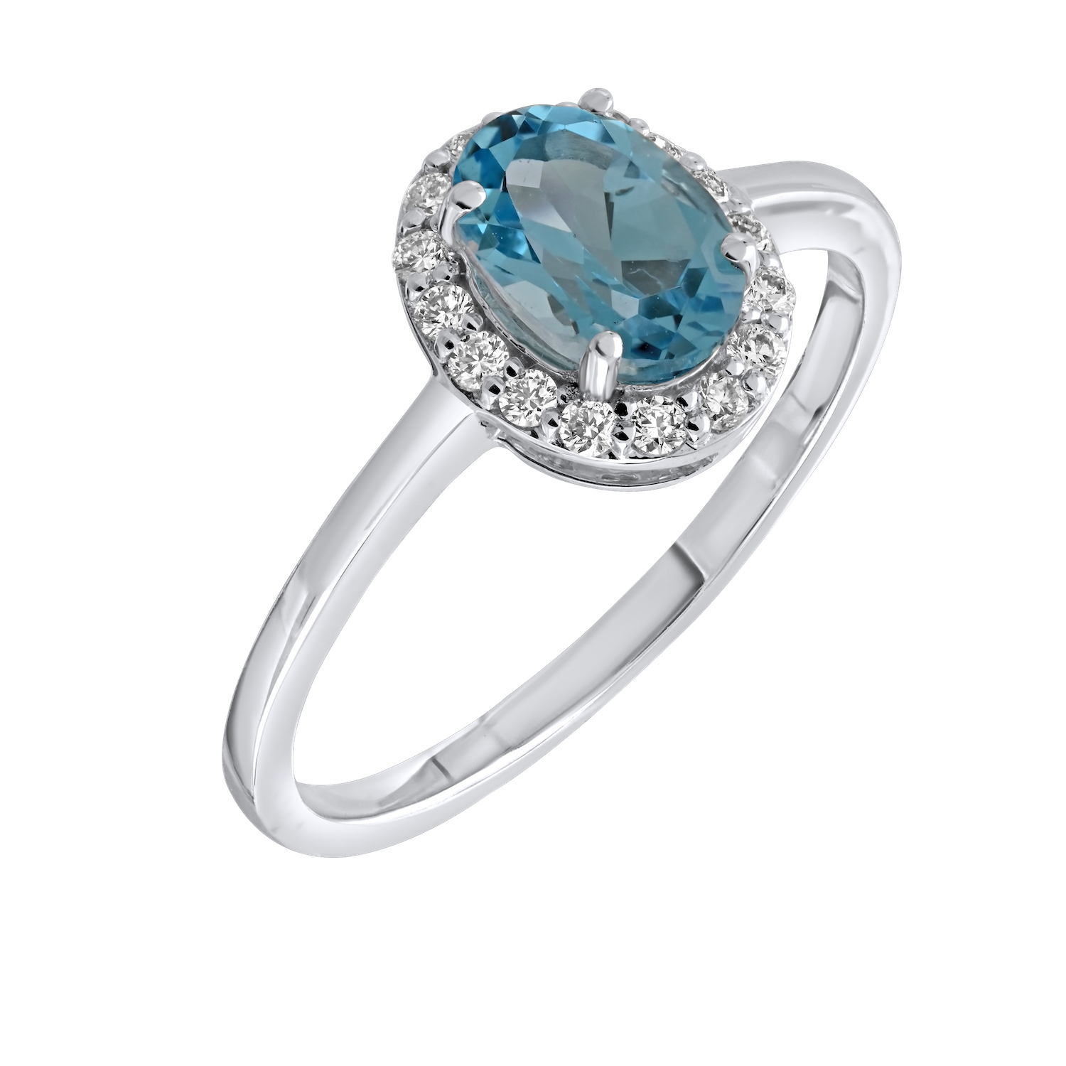 Birthstone Collection 10K White Gold Oval Halo Ring Diamond and Blue Topaz 0.66 Ctw