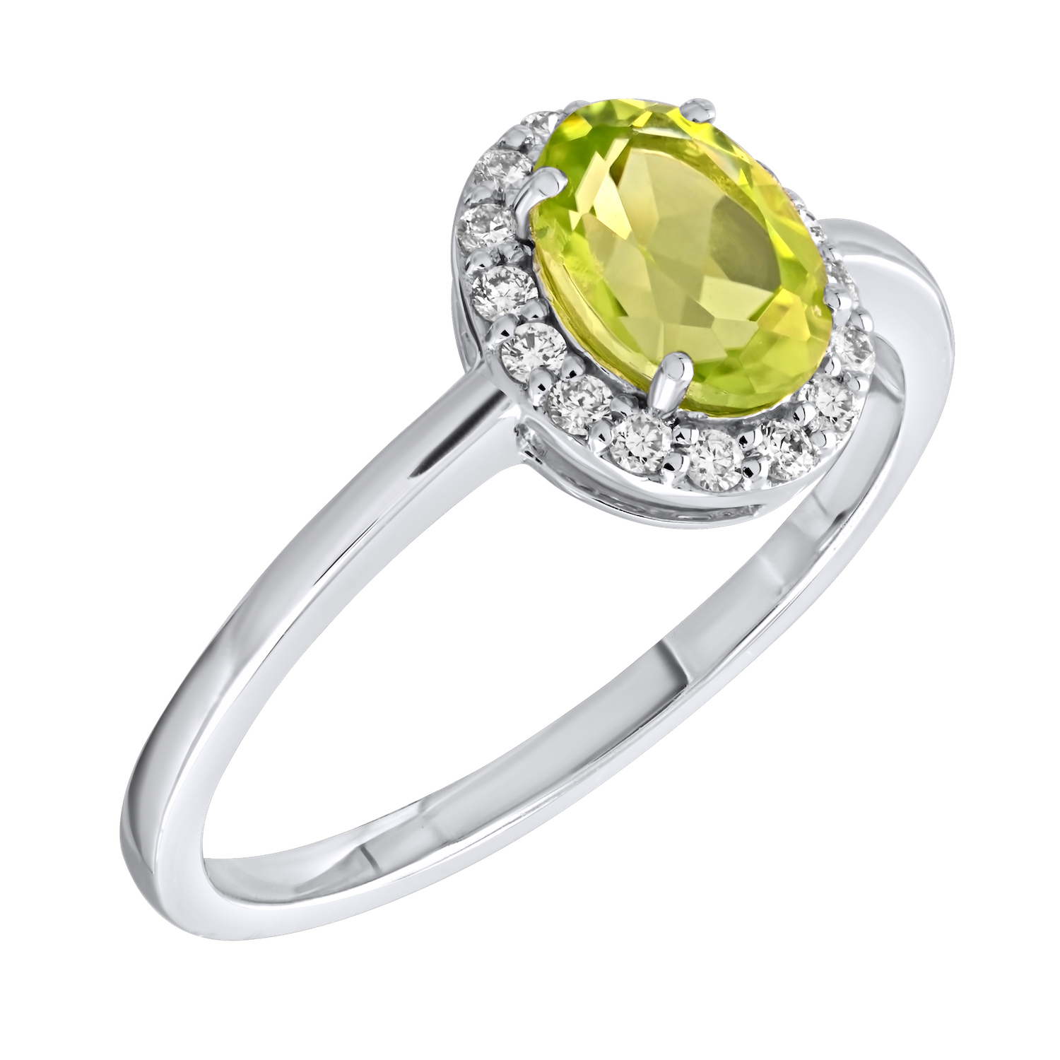 Birthstone Collection 10K White Gold Oval Halo Ring Diamond and Peridot 0.66 Ctw