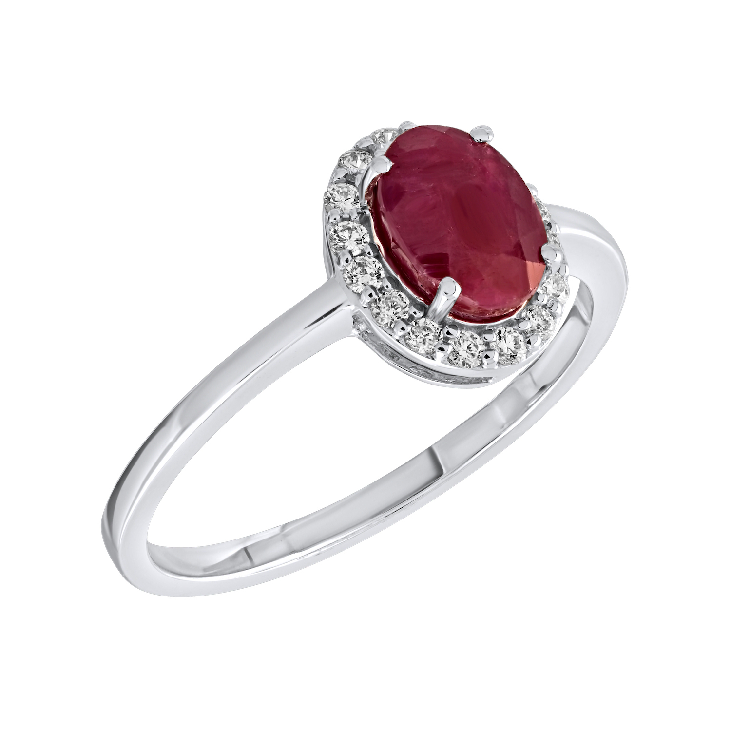 Birthstone Collection 10K White Gold Oval Halo Ring Diamond and Ruby 0.66 Ctw