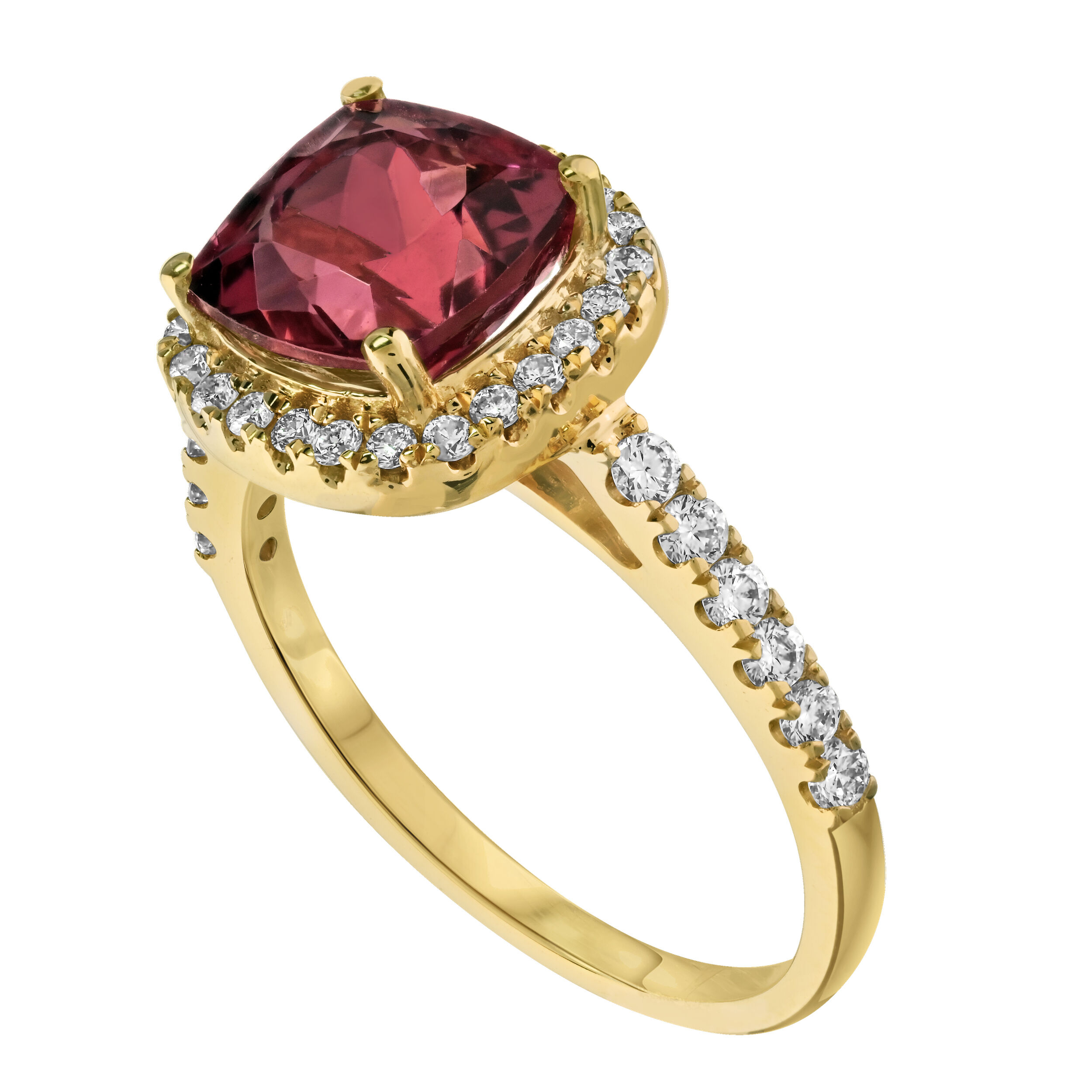 RedVelvet&trade; 14K Yellow Gold Cushion Halo with Prong Set Shoulders Ring 2.85 Ctw Natural Rubellite