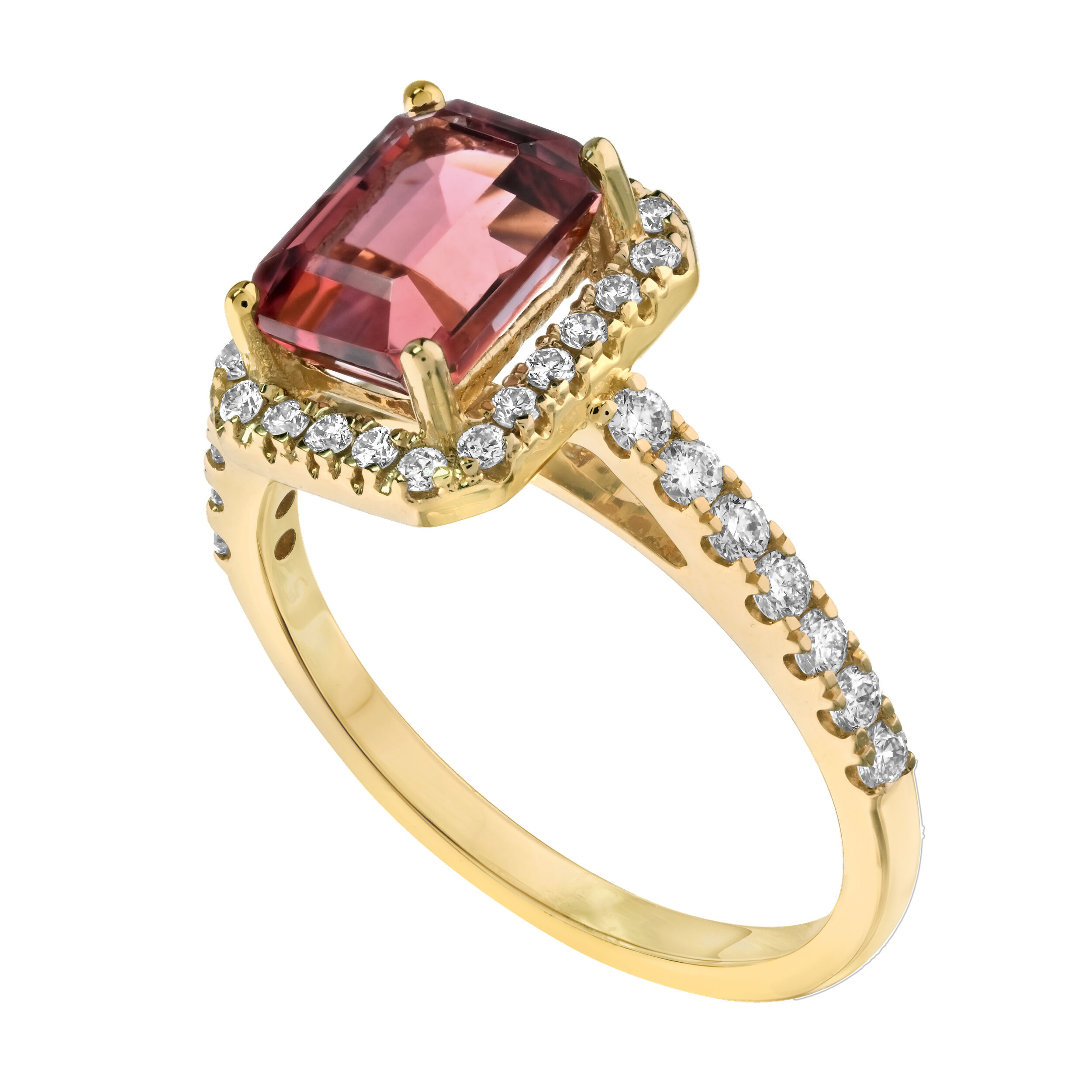 RedVelvet&trade; 14K Yellow Gold Emerald Cut Center with Halo Prong Set Shoulders Ring 2.38 Ctw Natural Rubellite