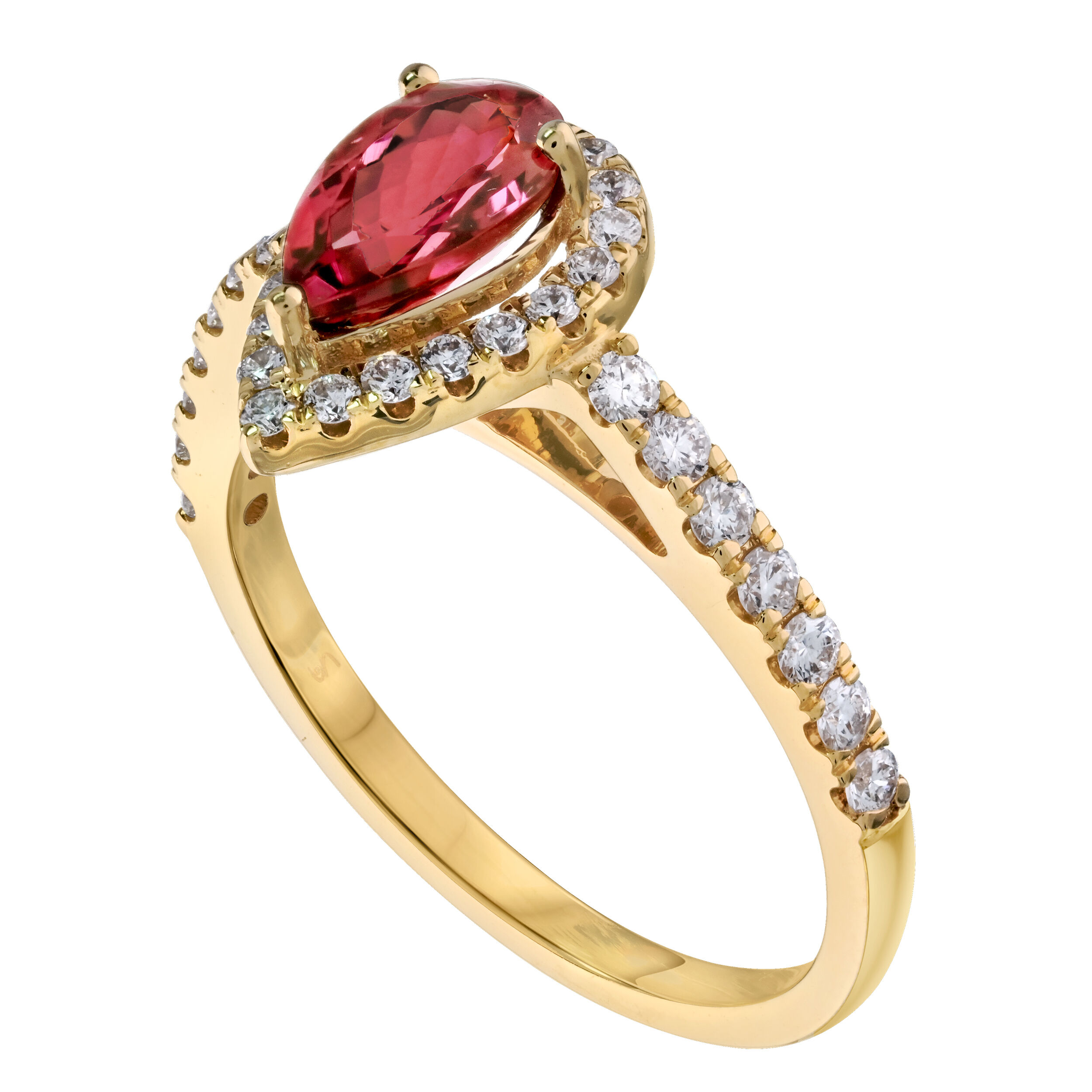 RedVelvet&trade; 14K Yellow Gold Pear Shape Color Center Halo with Prong Set Shoulders Ring 1.22 Ctw Natural Rubellite