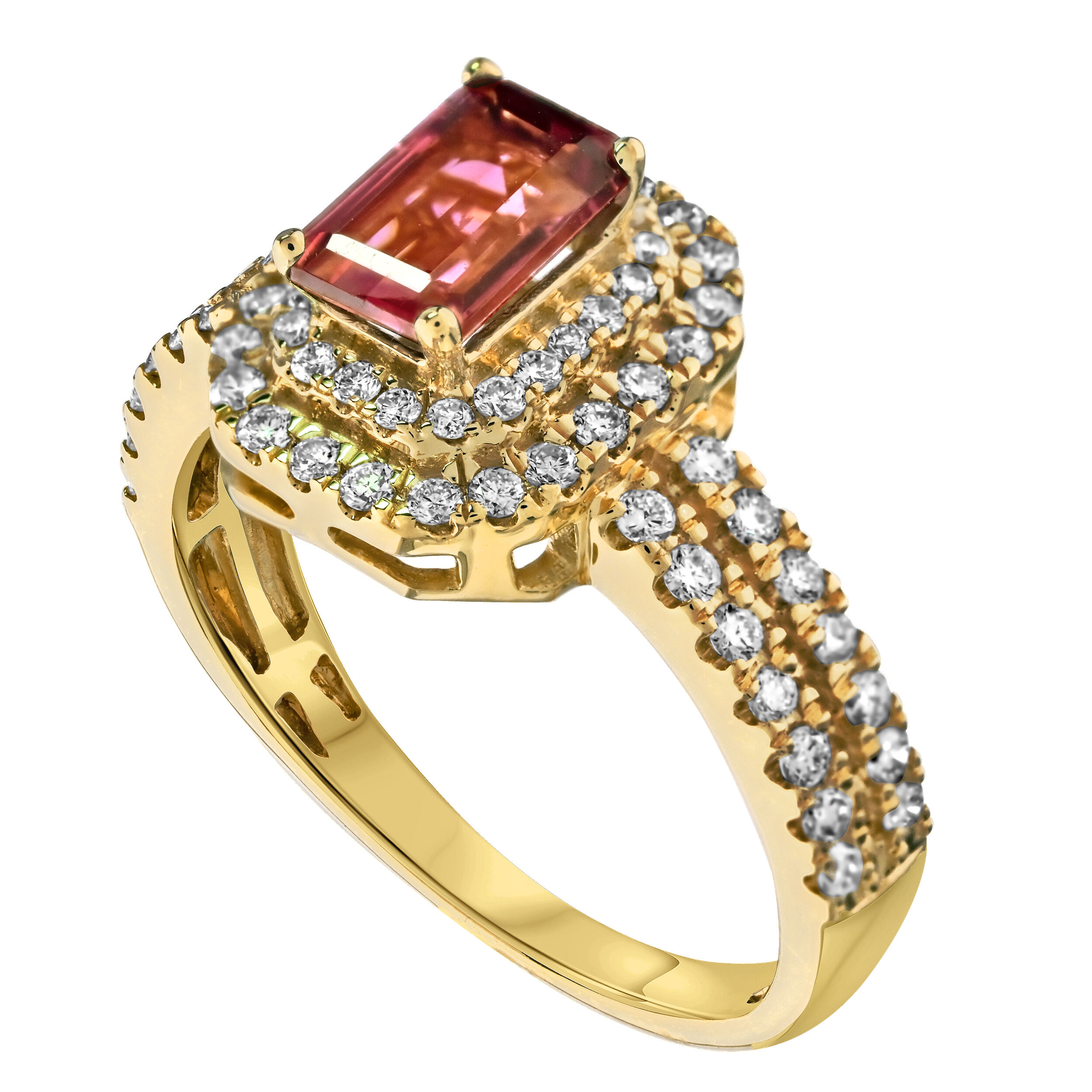 RedVelvet&trade; 14K Yellow Gold Emerald Cut Color Double Halo 2 Row Shoulders Ring 1.44 Ctw Natural Rubellite