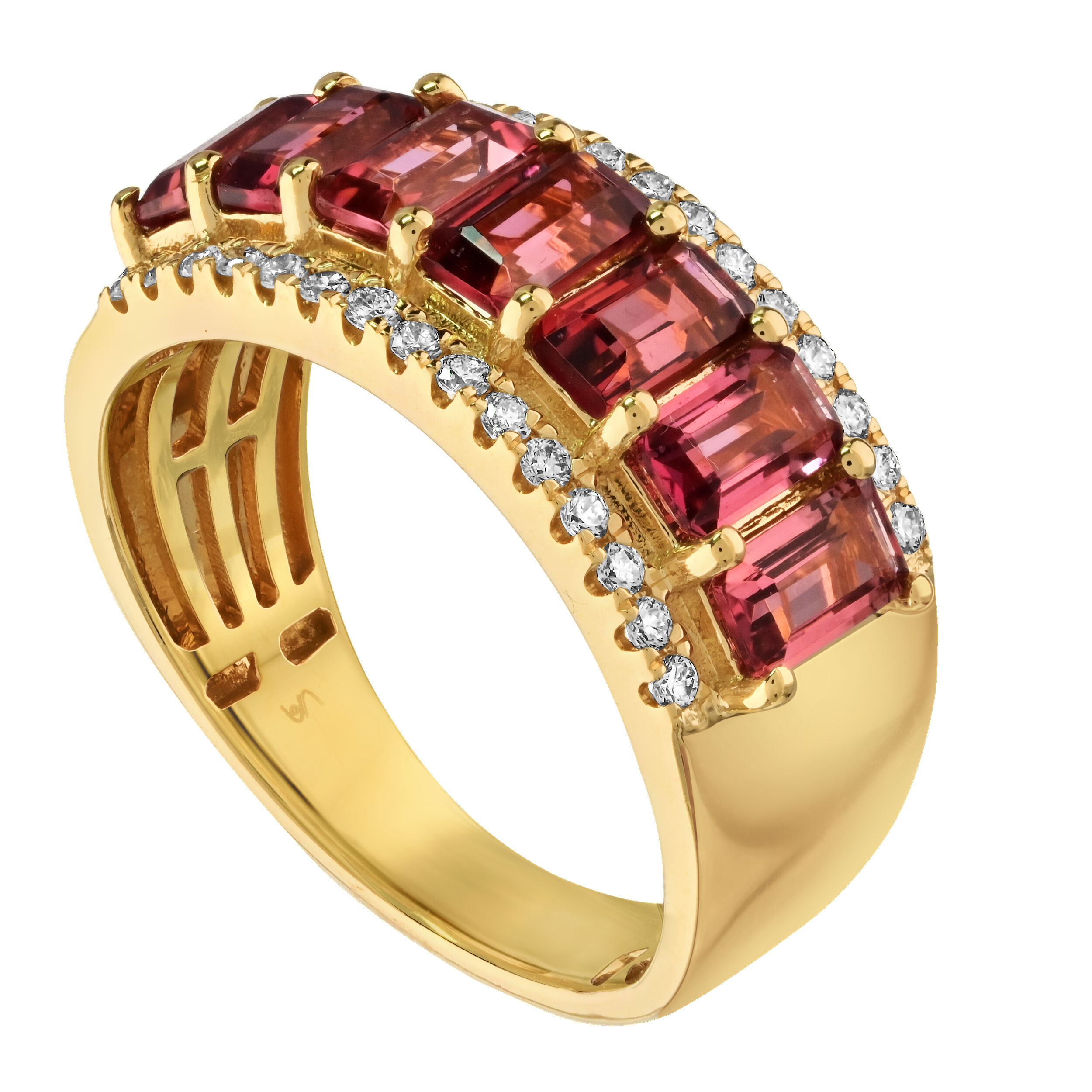RedVelvet&trade; 14K Yellow Gold 7 Prong Set Color Center with Diamond Rails Ring 2.28 Ctw Natural Rubellite