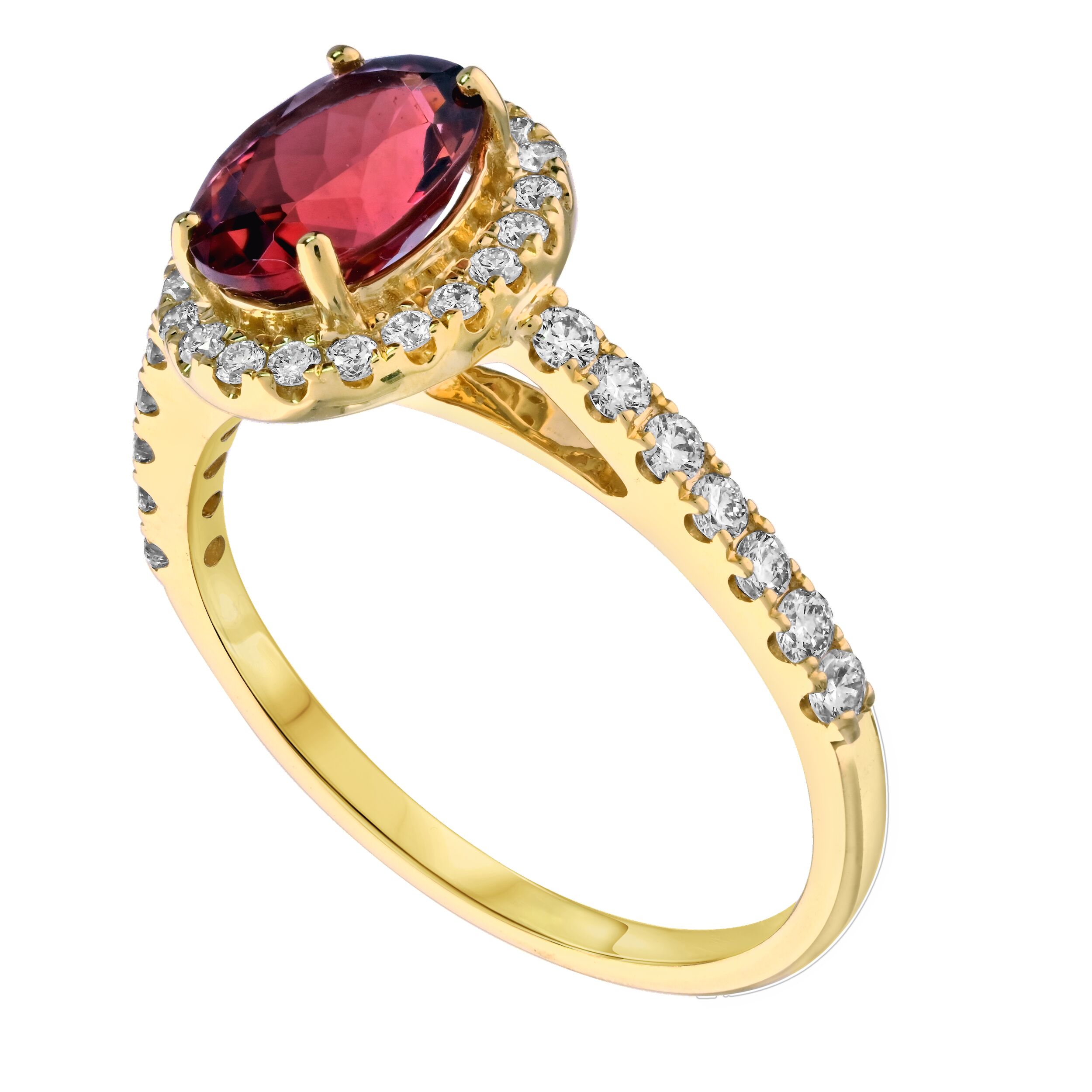 RedVelvet&trade; 14K Yellow Gold Oval Center with Halo Prong Set Shoulders Ring 1.70 Ctw Natural Rubellite