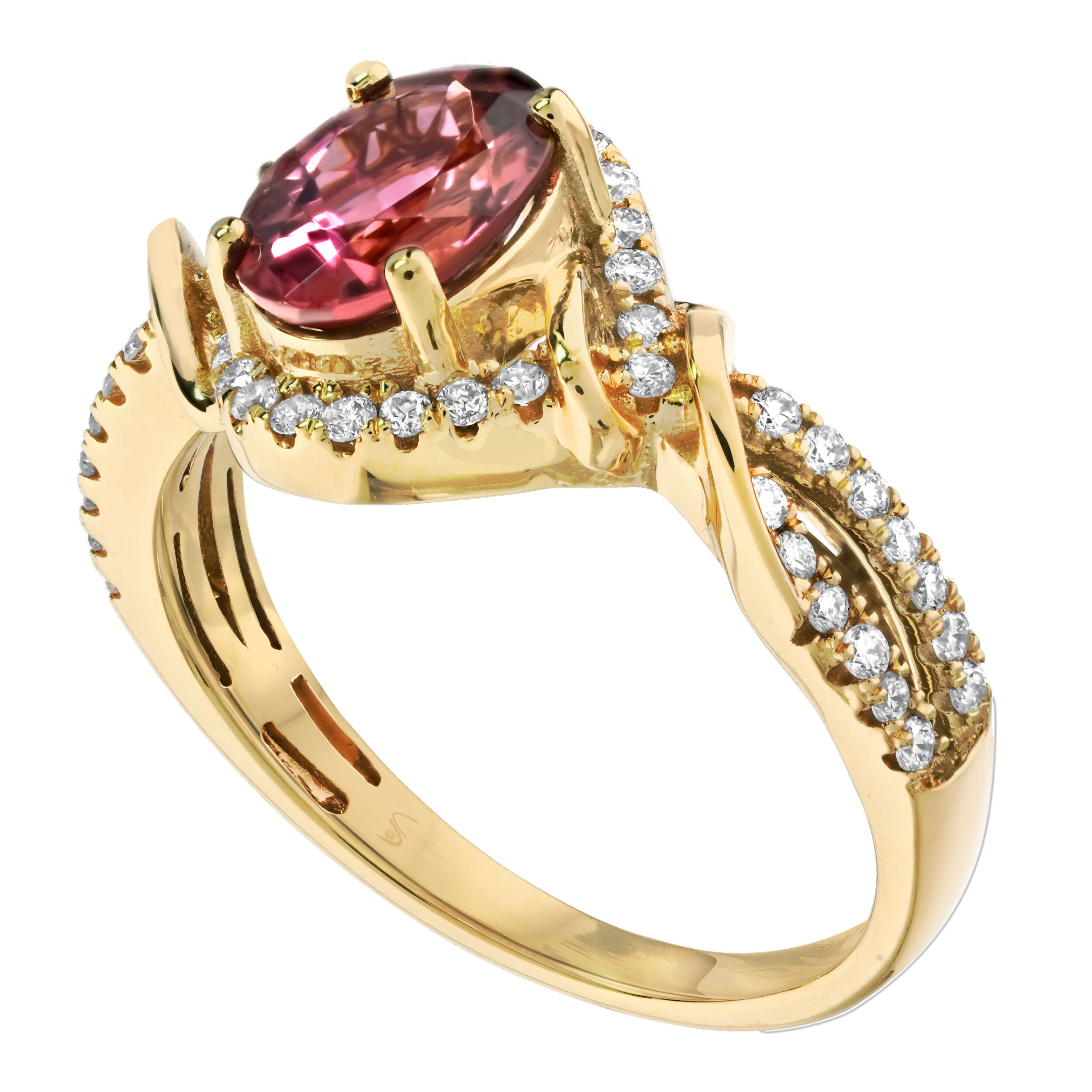 RedVelvet&trade; 14K Yellow Gold Oval Center Bypass with Halo Crossover Shoulders Ring 1.52 Ctw Natural Rubellite