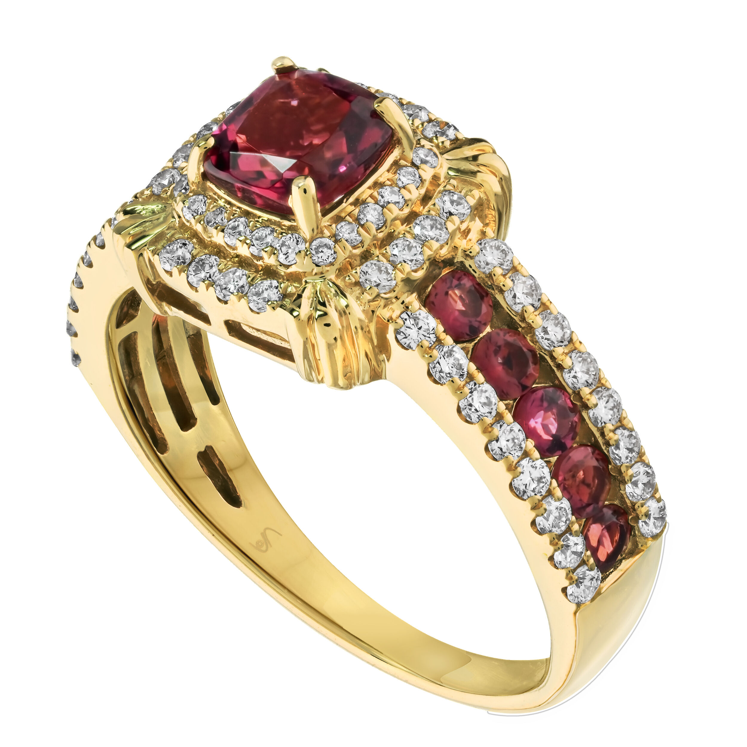 RedVelvet&trade; 14K Yellow Gold Color Center with Double Halo Channel Set Color Shoulders with Prong Set Rails Ring 1.49 Ctw Natural Rubellite