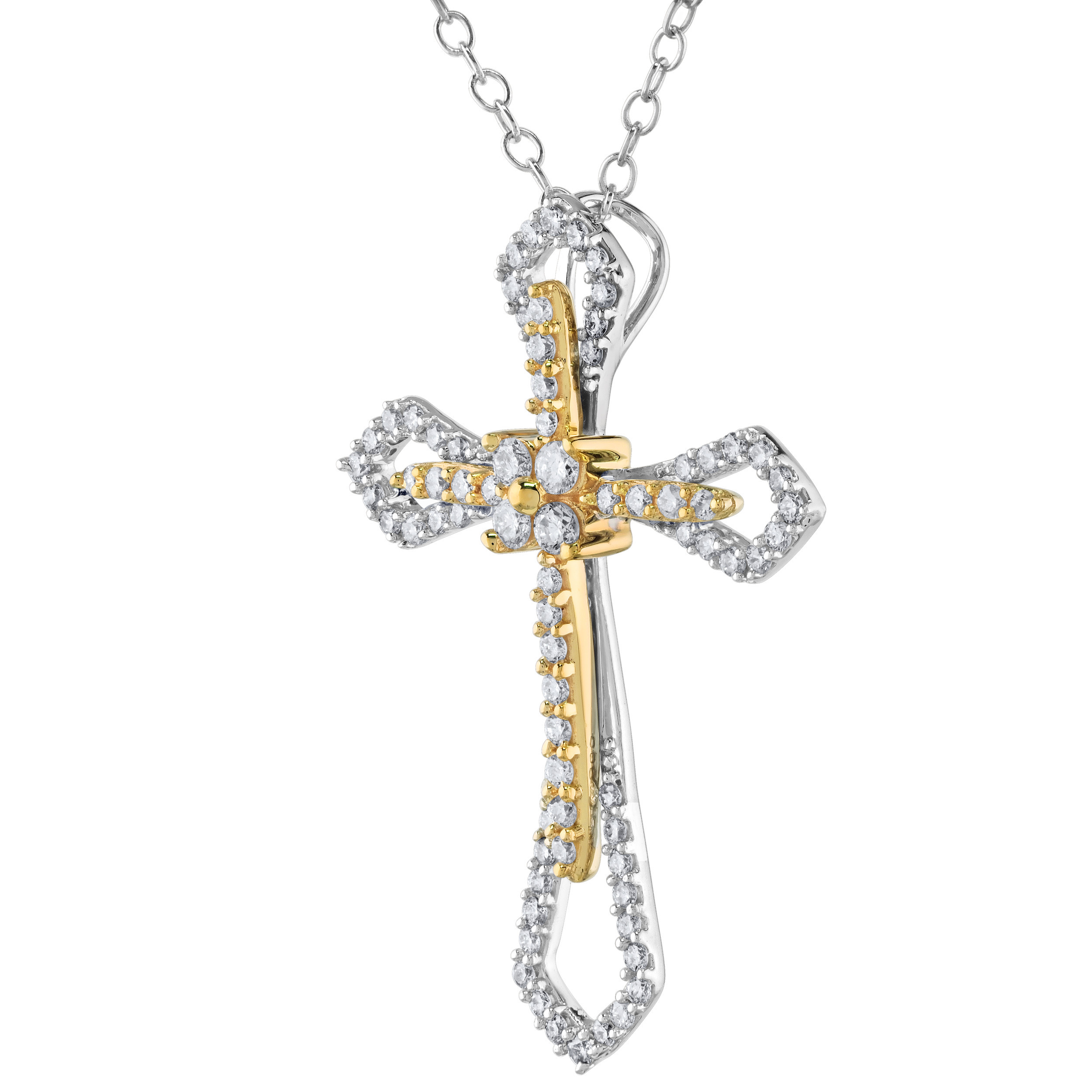 14K Two Tone Gothic Style Outline with Center Cross Diamond Pendant 0.50 Ctw