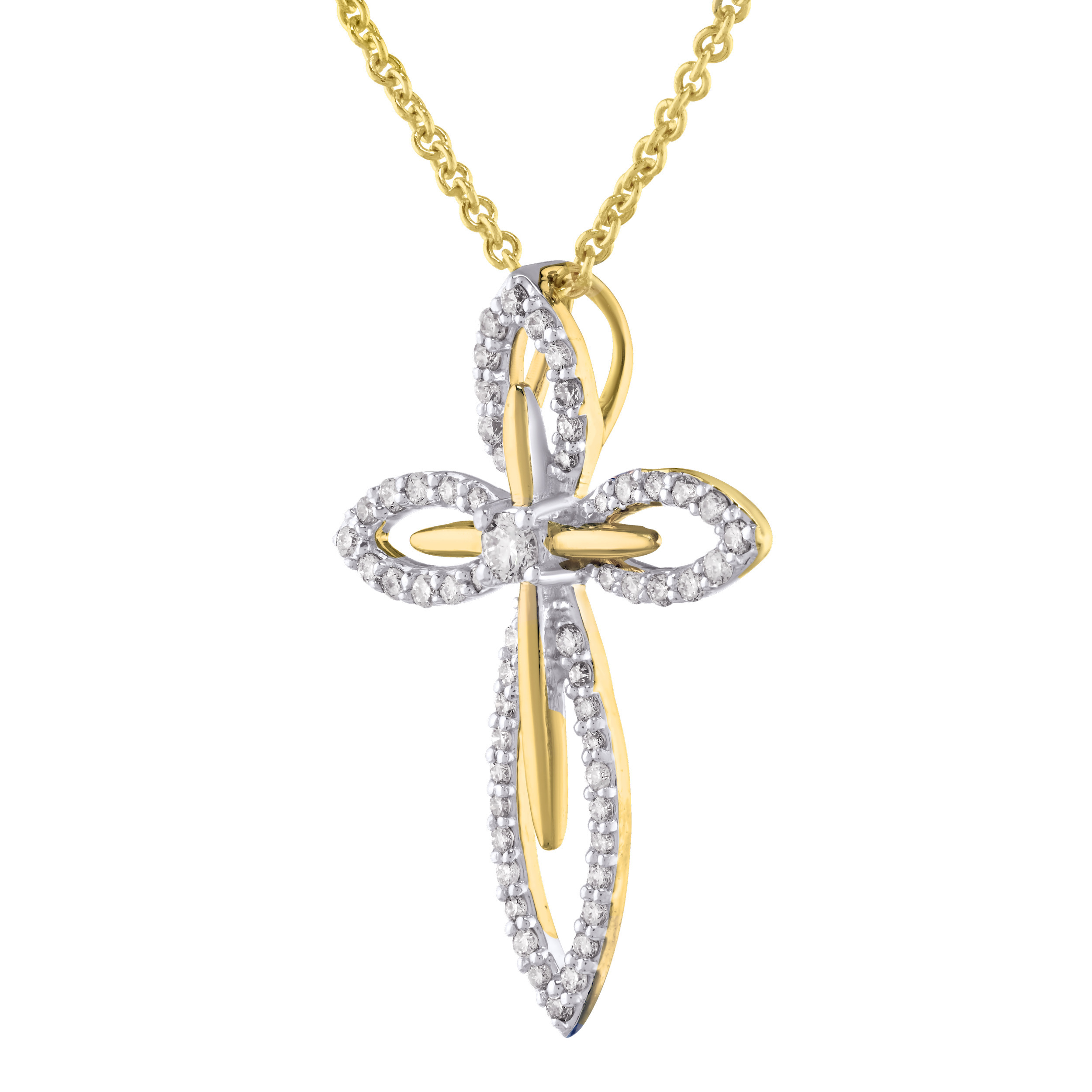 14K Yellow Gold Pave Outline with Polished Center Cross Diamond Pendant 0.25 Ctw