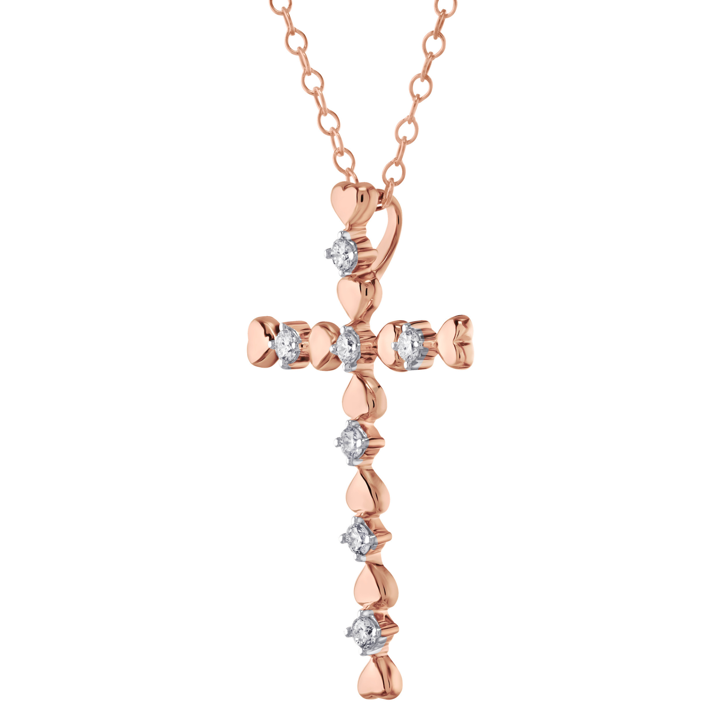 10K Rose Gold Hearts Interspersed with Prong Set Diamonds Diamond Pendant 0.21 Ctw