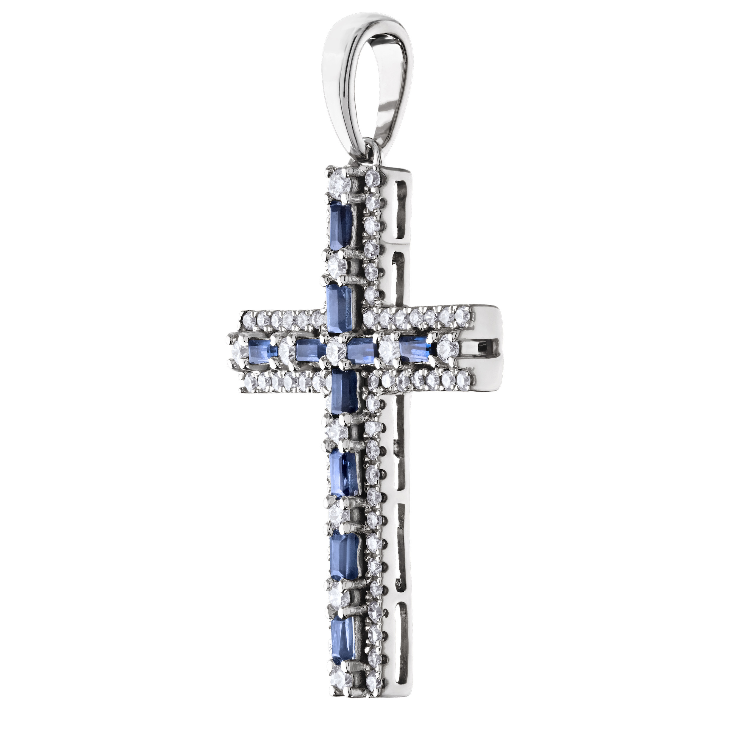 14K White Gold Alternating Color Baguettes with Diamond Surrounds Diamond Pendant 0.79 Ctw