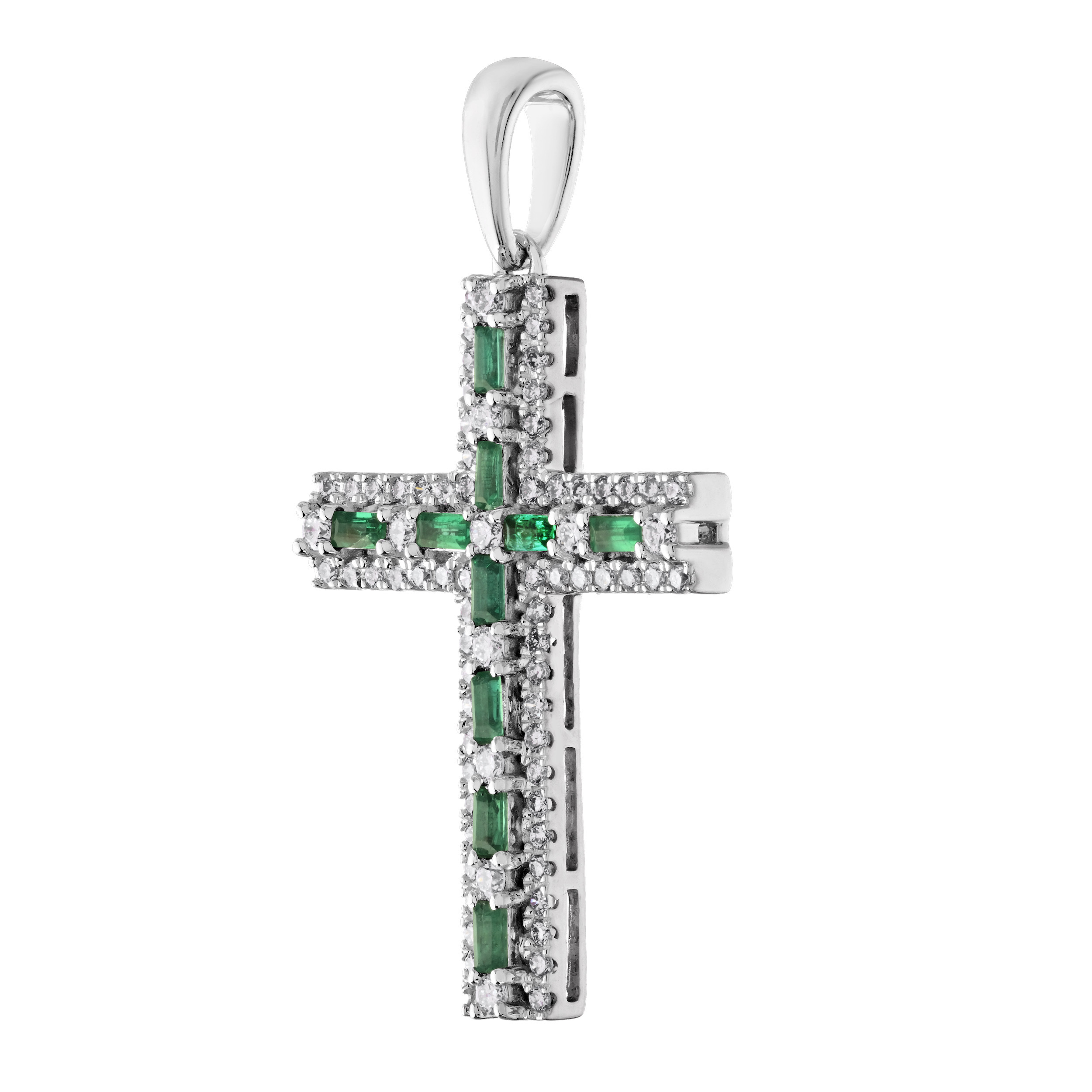 14K White Gold Alternating Color Baguettes with Diamond Surrounds Diamond Pendant 0.79 Ctw