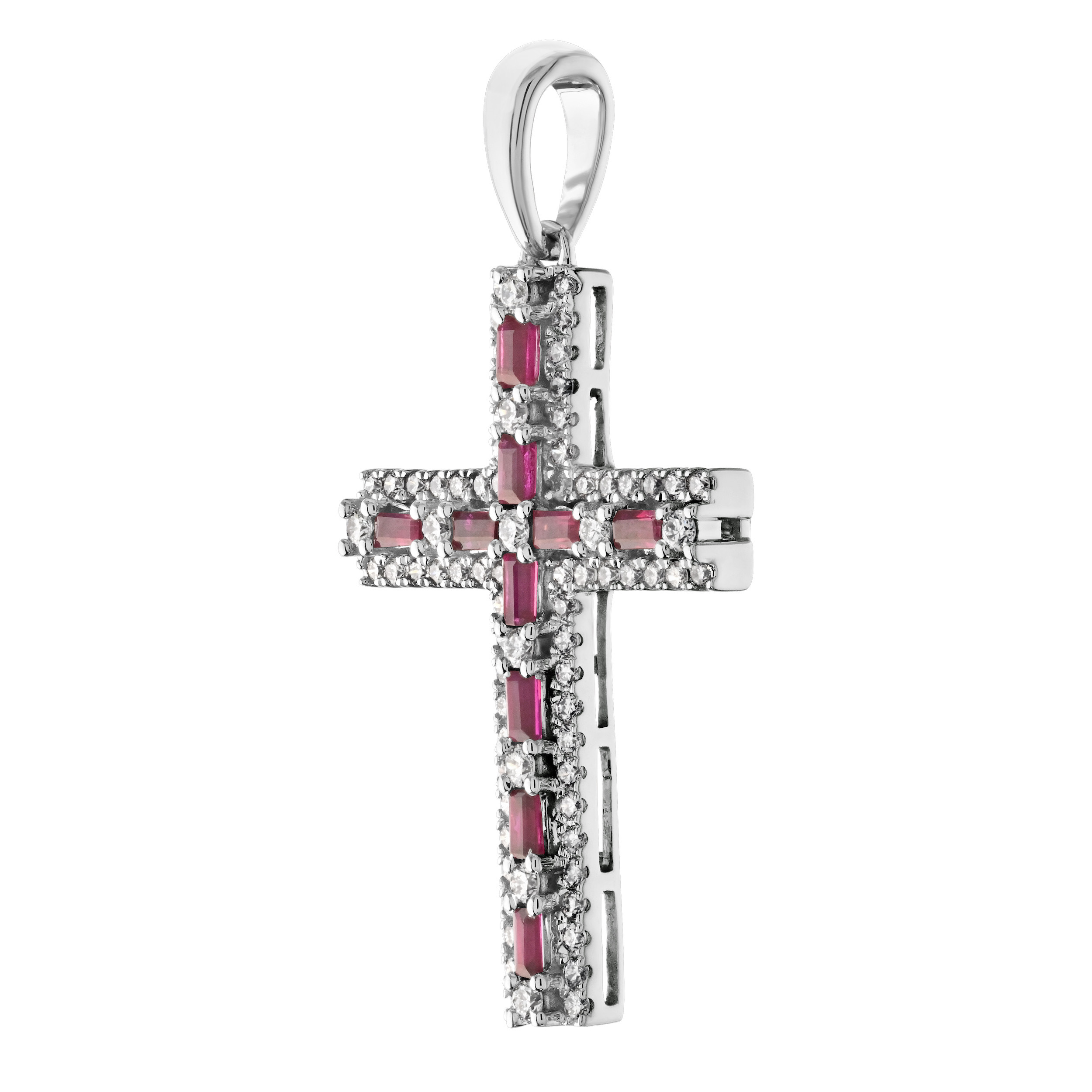 14K White Gold Alternating Color Baguettes with Diamond Surrounds Diamond Pendant 0.79 Ctw