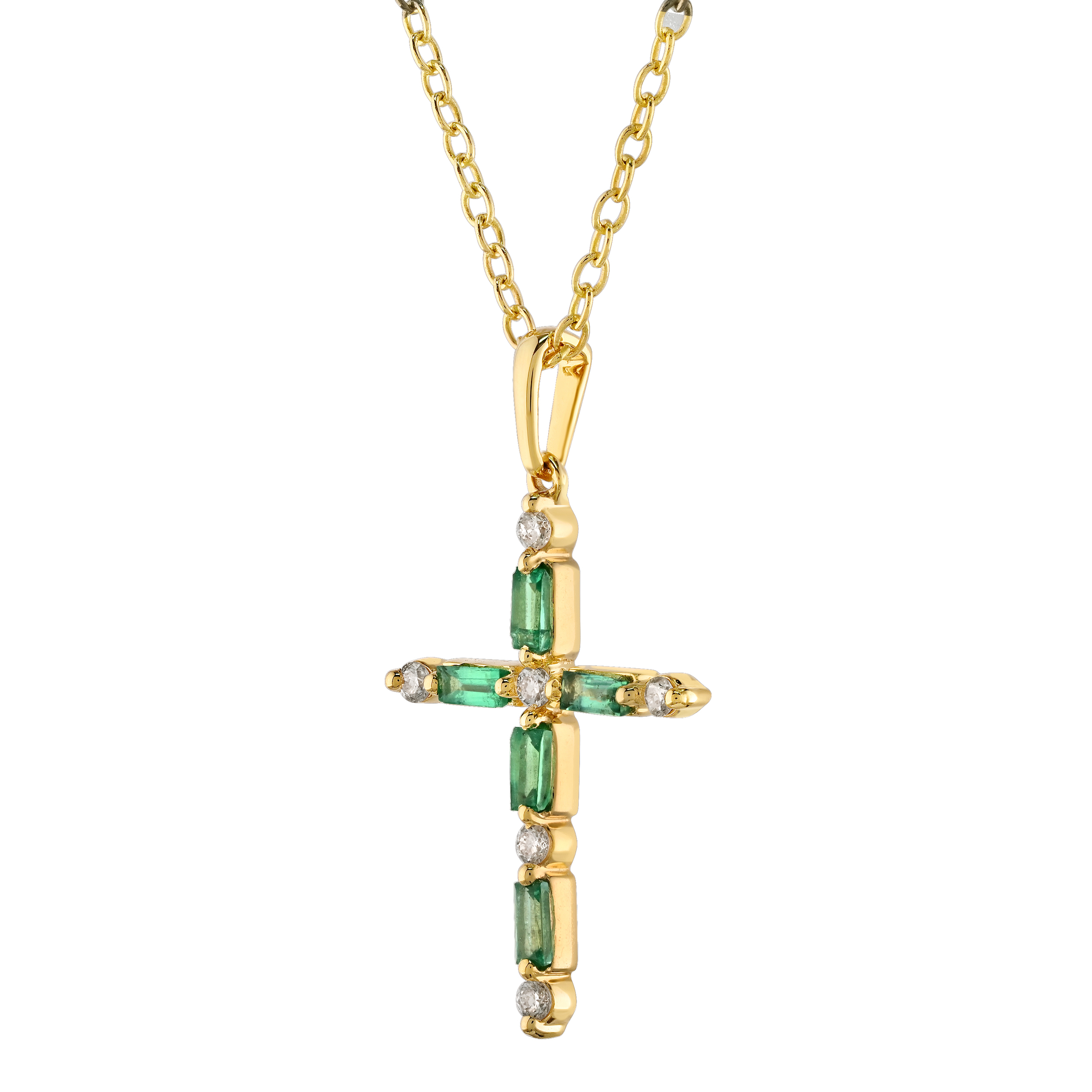 Majestic Gems&trade; 14k Yellow Gold Baguette & Round Diamond Cross 11 Stones 1/4 Ctw Emerald & Diamond 0.235 Ctw