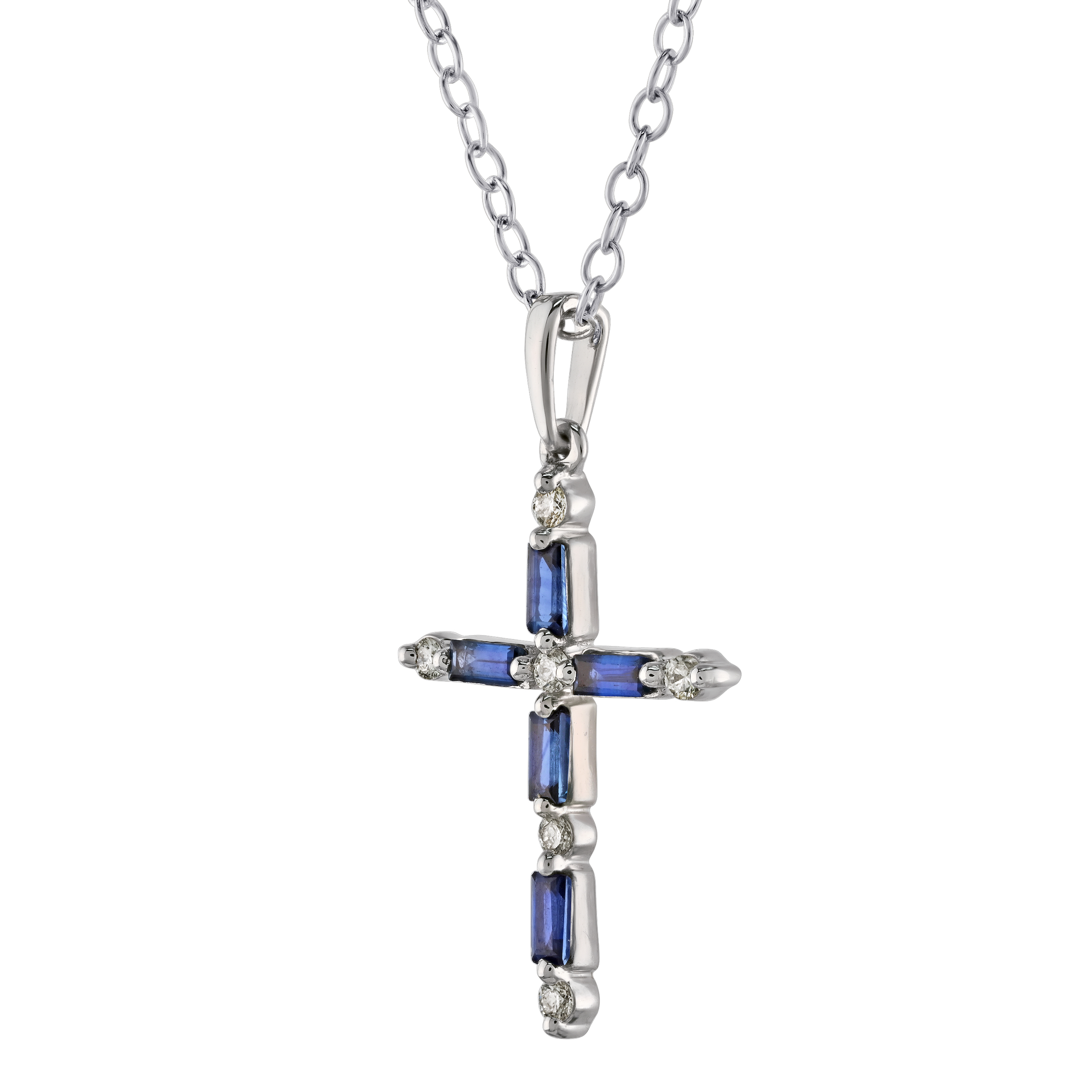Majestic Gems&trade; 14k White Gold Baguette Color & Round Diamond Cross 11 Stones 1/4 Ctw Blue Sapphire & Diamond 0.235 Ctw