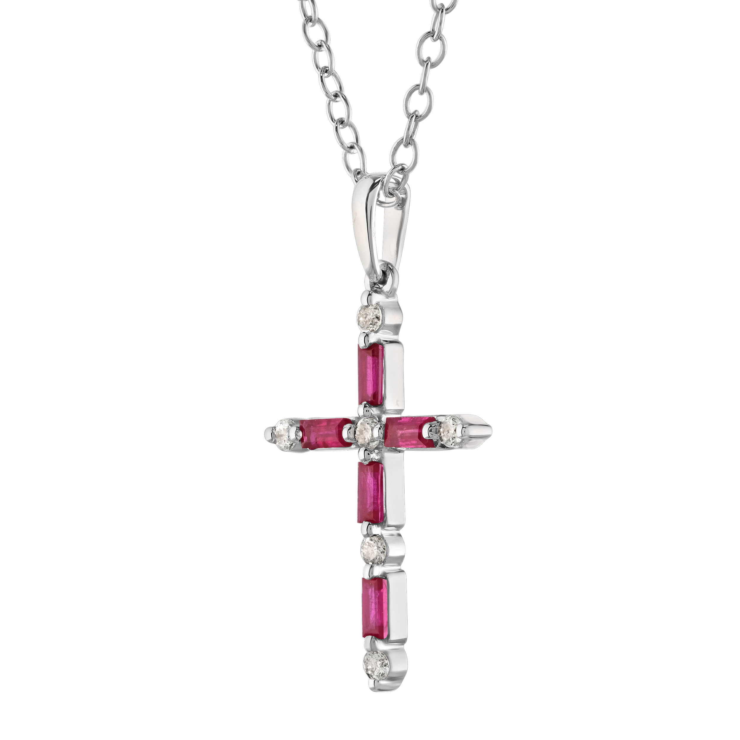 Majestic Gems&trade; 14k White Gold Baguette Color & Round Diamond Cross Ruby & Diamond 0.235 Ctw