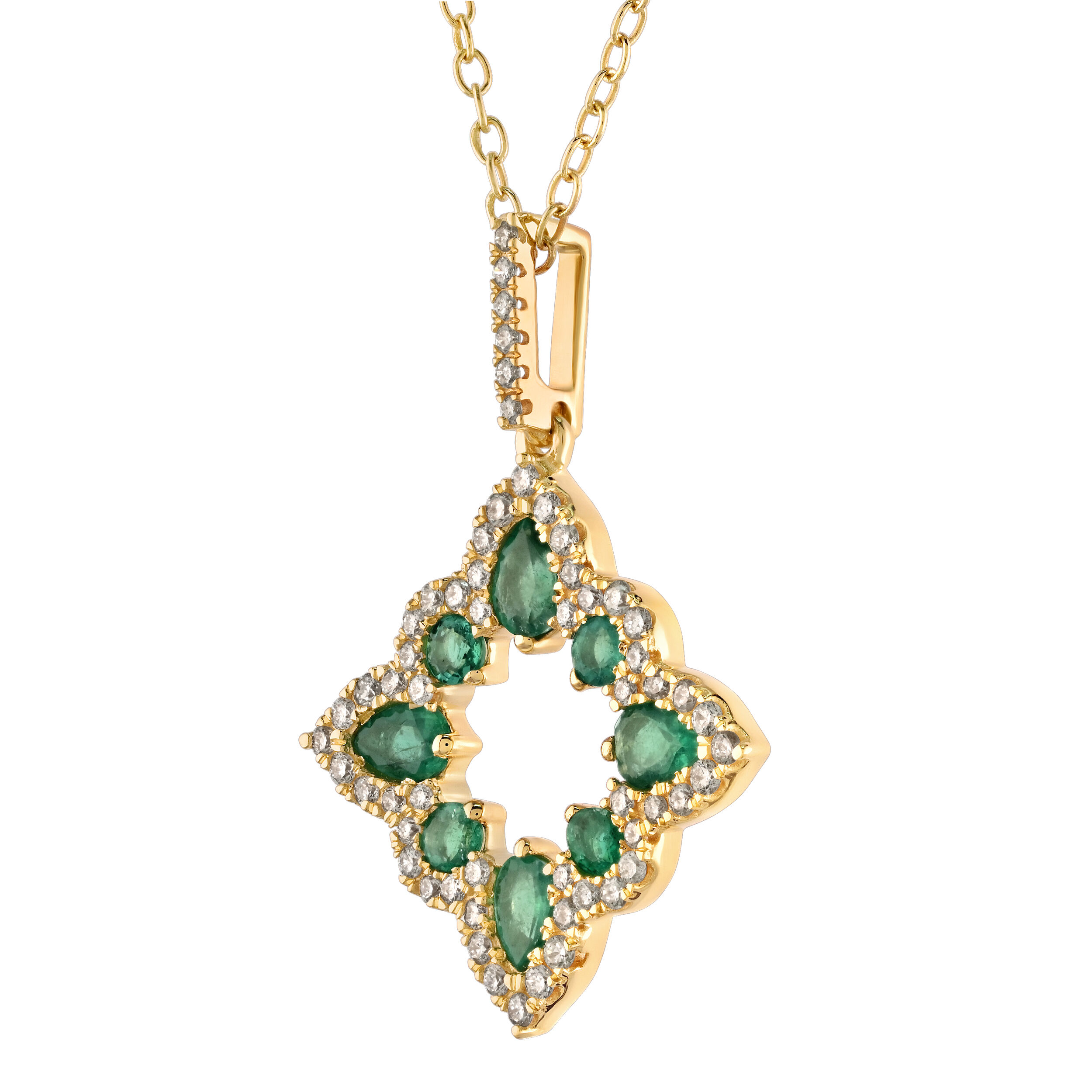 Majestic Gems&trade; 14k Yellow Gold Offset Square Hollow Center Pear Shape Color with Halo Emerald & Diamond 0.86 Ctw