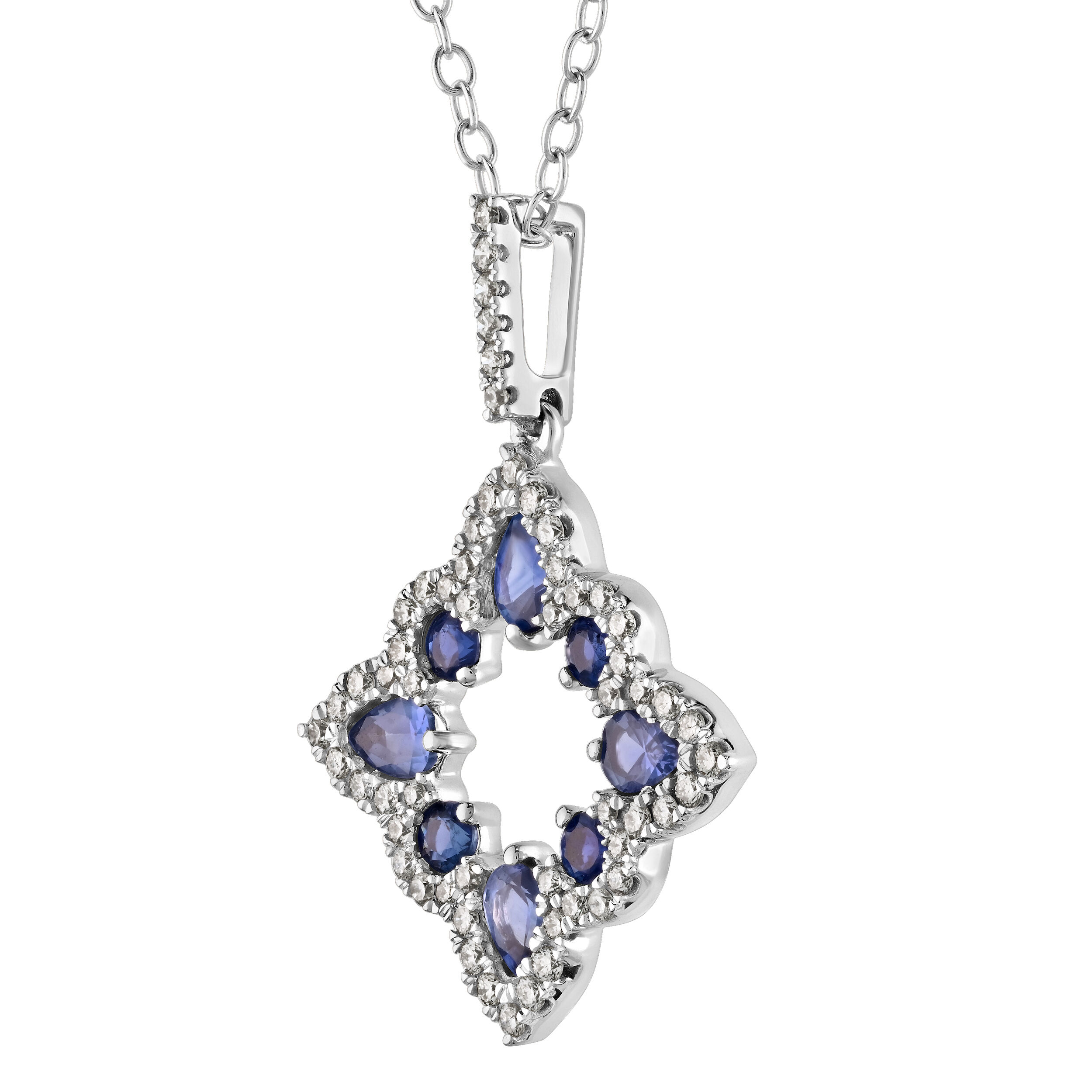 Majestic Gems&trade; 14k White Gold Offset Square Hollow Center Pear Shape Color with Halo Blue Sapphire & Diamond 0.86 Ctw