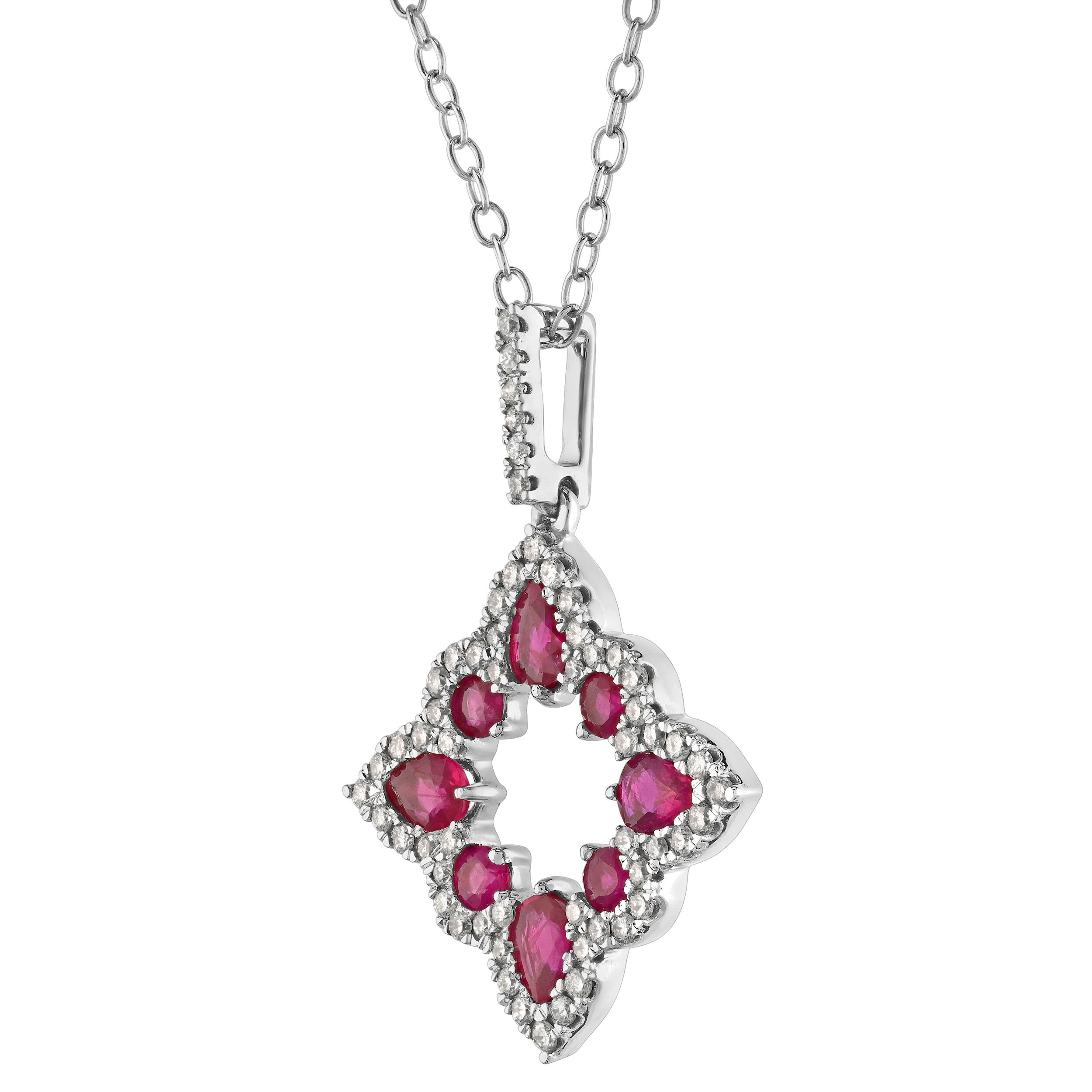 Majestic Gems&trade; 14k White Gold Offset Square Hollow Center Pear Shape Color with Halo Ruby & Diamond 0.86 Ctw