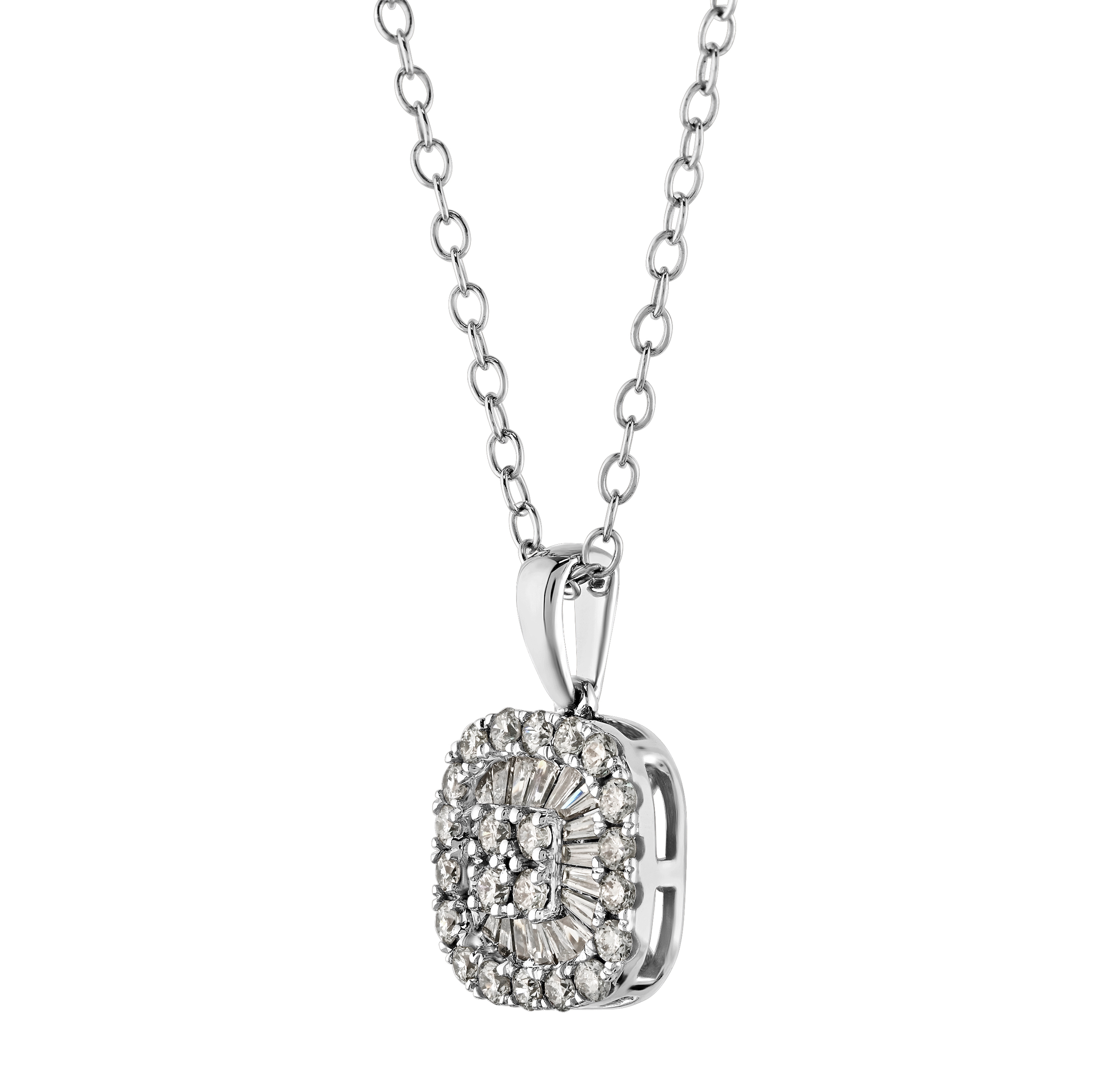 10K White Gold Cushion Shape Baguette & Round Cluster with Halo Pendant Diamond 0.50 Ctw