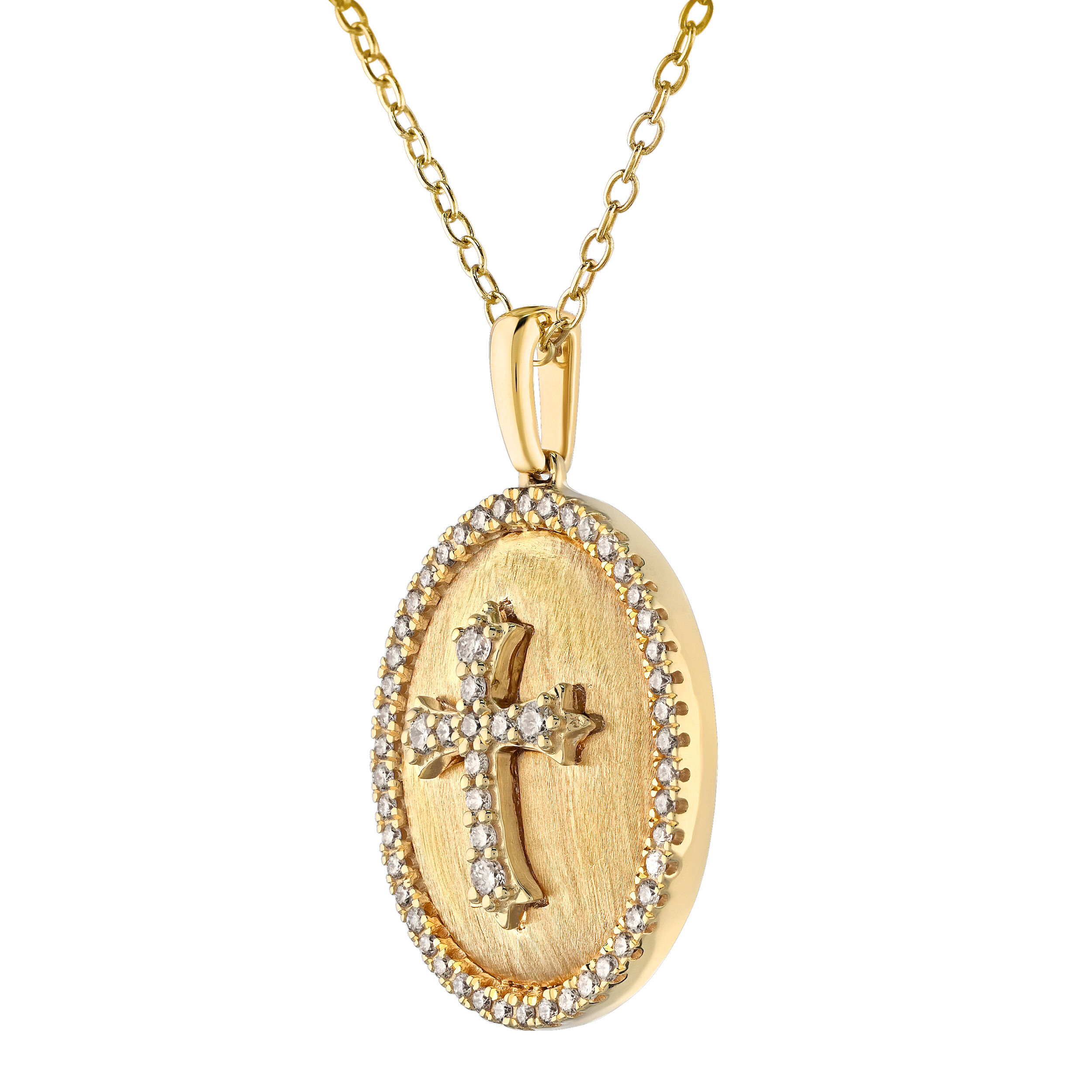 Textura&trade; 14K Yellow Gold Oval Brushed Finished Disc with Pave Cross & Halo Diamond 0.33 Ctw