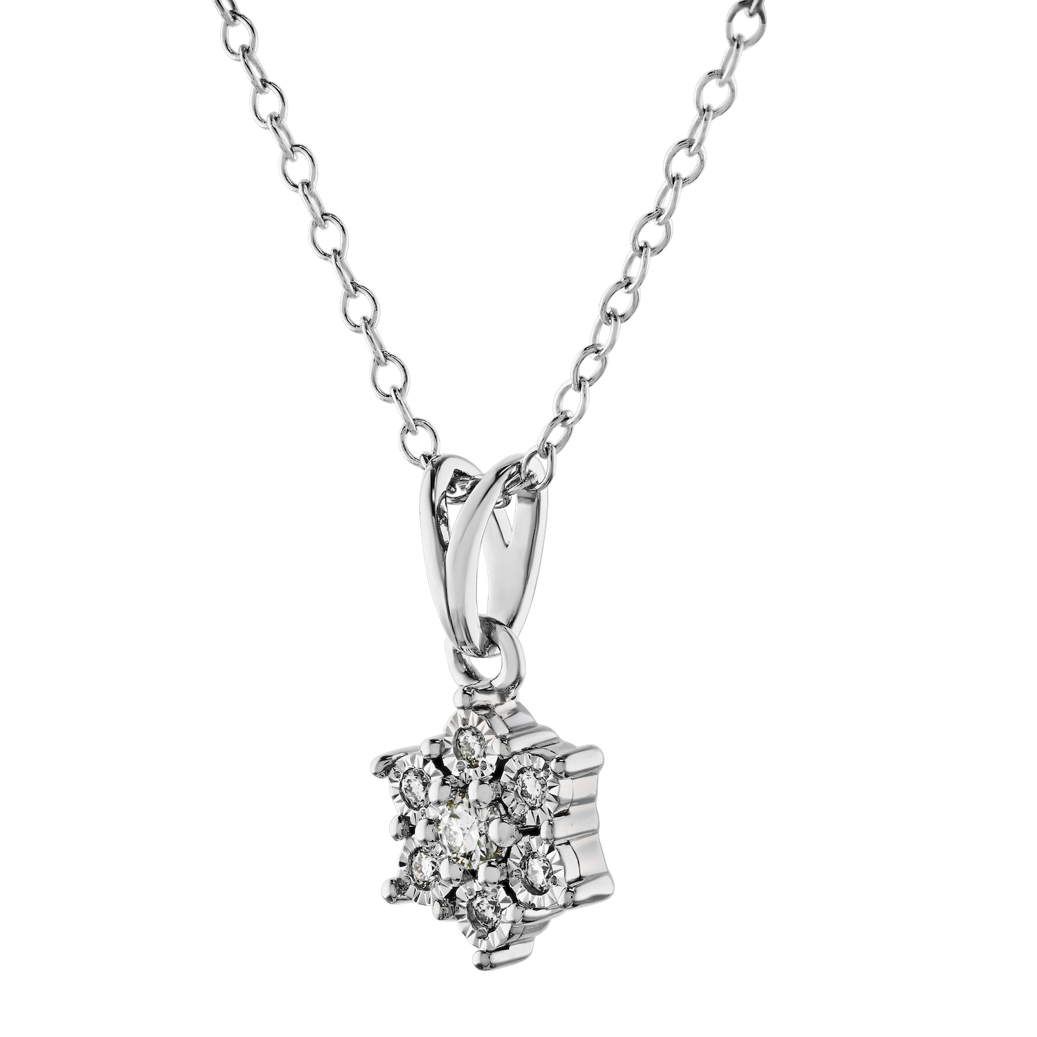 10K White Gold Miracle Plate Flower Cluster Rabbit Ear Bail Diamond Pendant 0.10 Ctw