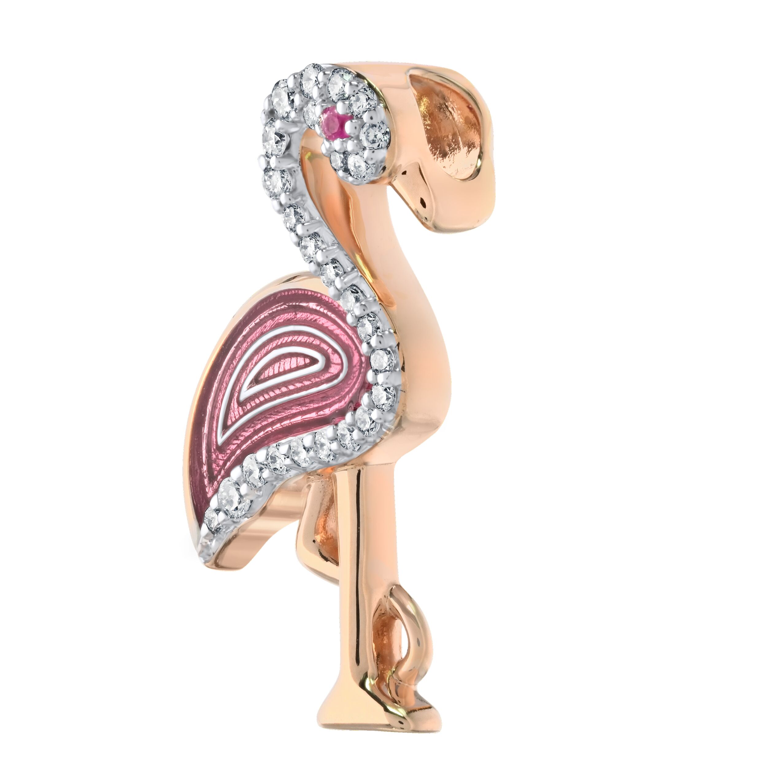 Oceanity&trade; 14K Rose Gold Pendant Enamel Flamingo One Leg Pave Head & Neck Diamond 0.10 Ctw