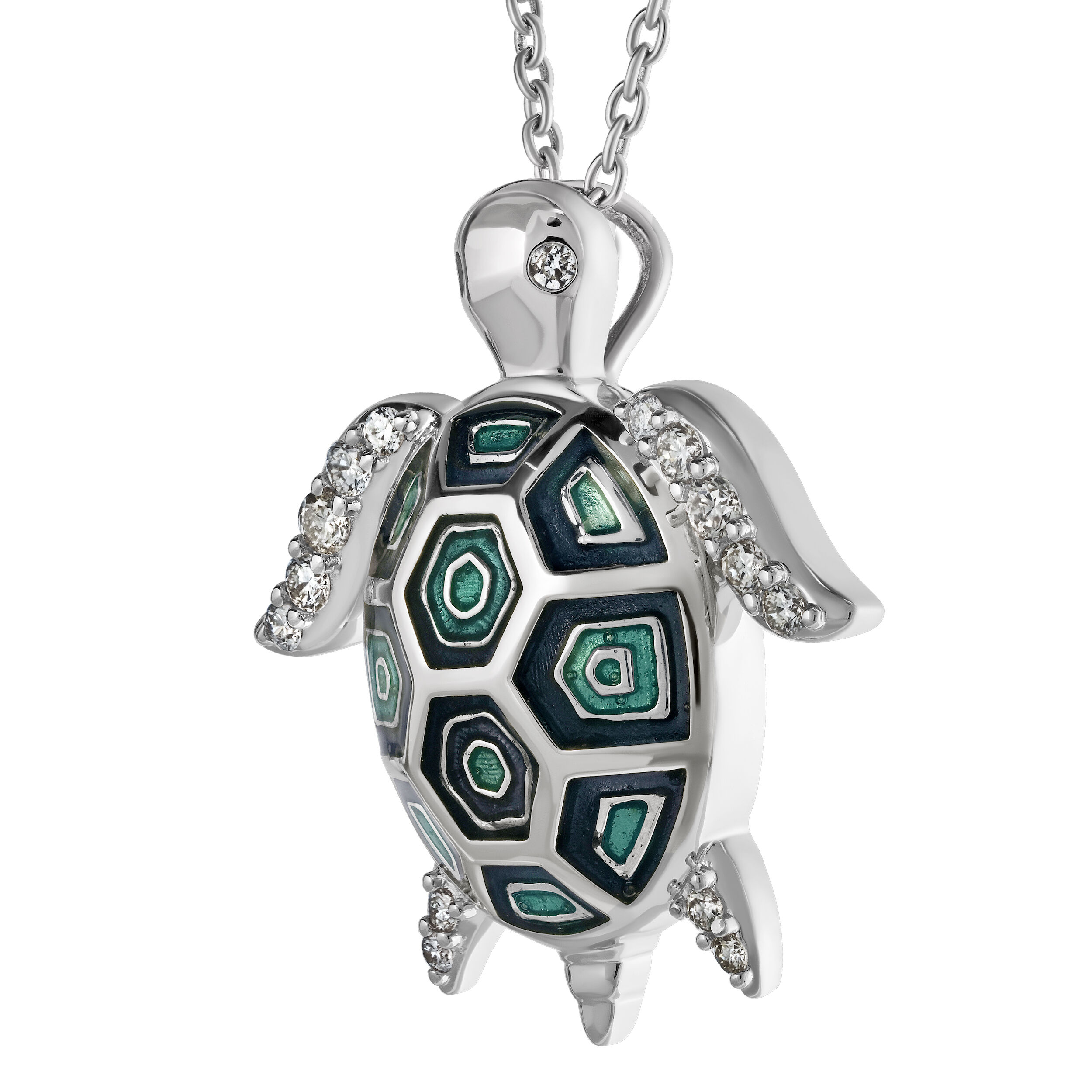 Oceanity&trade; 14K White Gold Pendant Enamel Turtle Pave Legs Diamond 0.15 Ctw