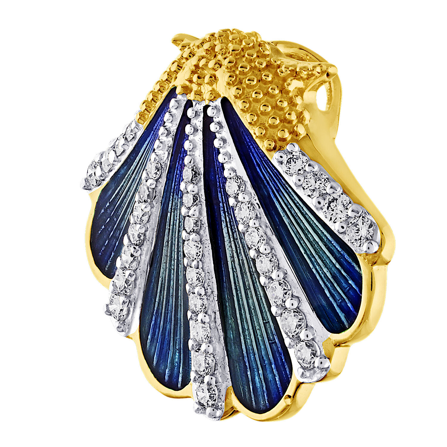 Oceanity&trade; 14K Yellow Gold Pendant Enamel Shell Pave Ribs Hidden Bail Diamond 0.20 Ctw