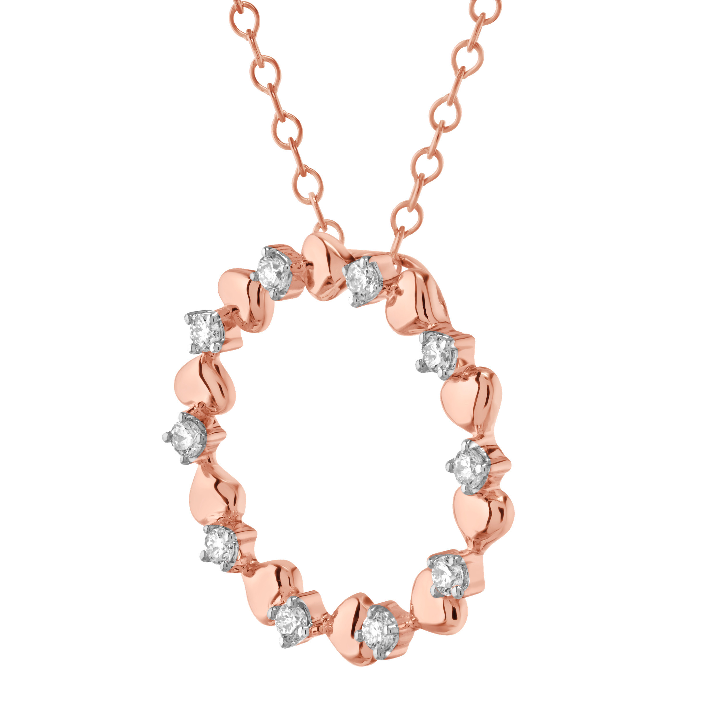 10K Rose Gold Circle with Hearts & Alternating Diamonds Diamond Pendant 0.15 Ctw