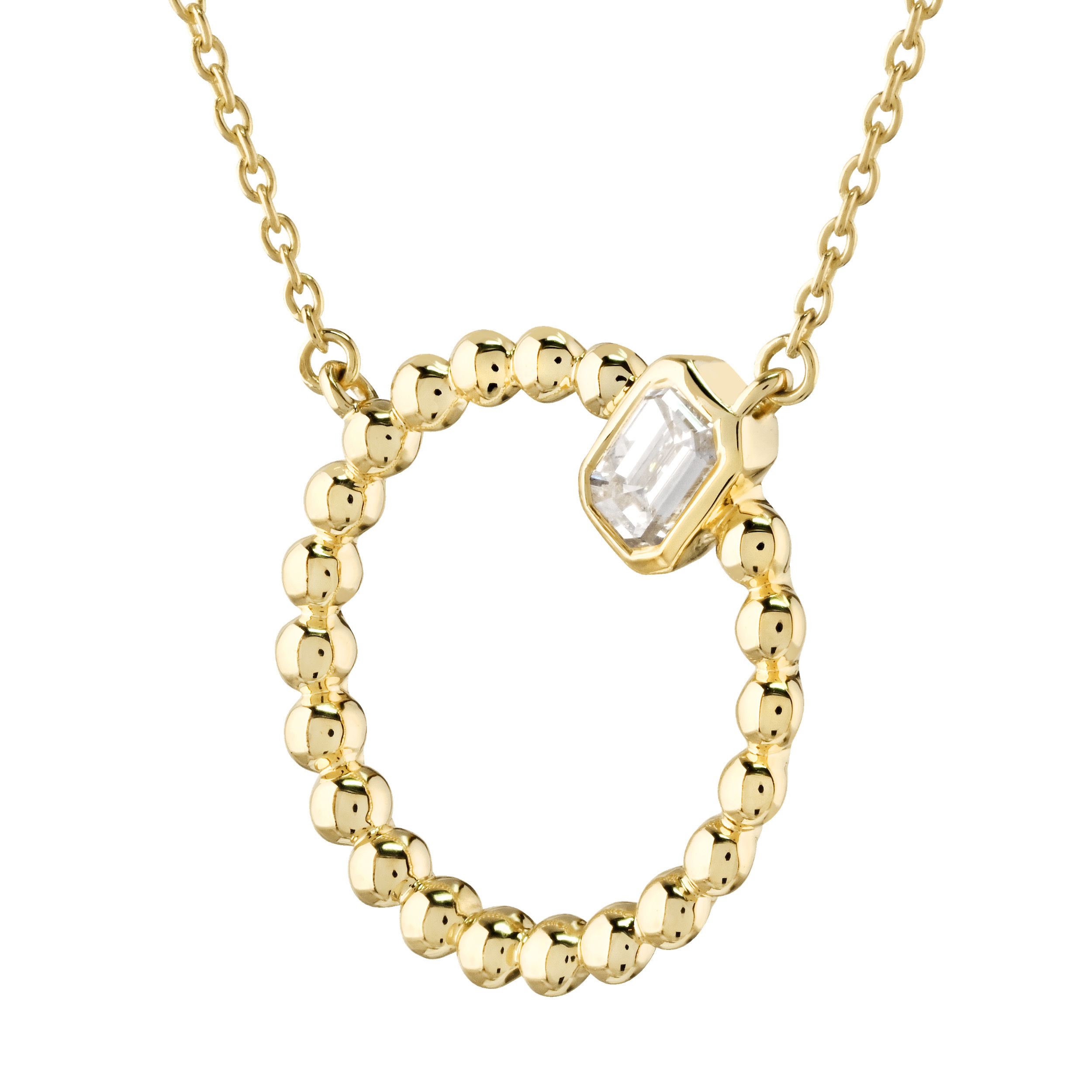 14K Yellow Gold Beaded Circle with Bezel Set Emerald Cut Diamond Necklace 0.20 Ctw