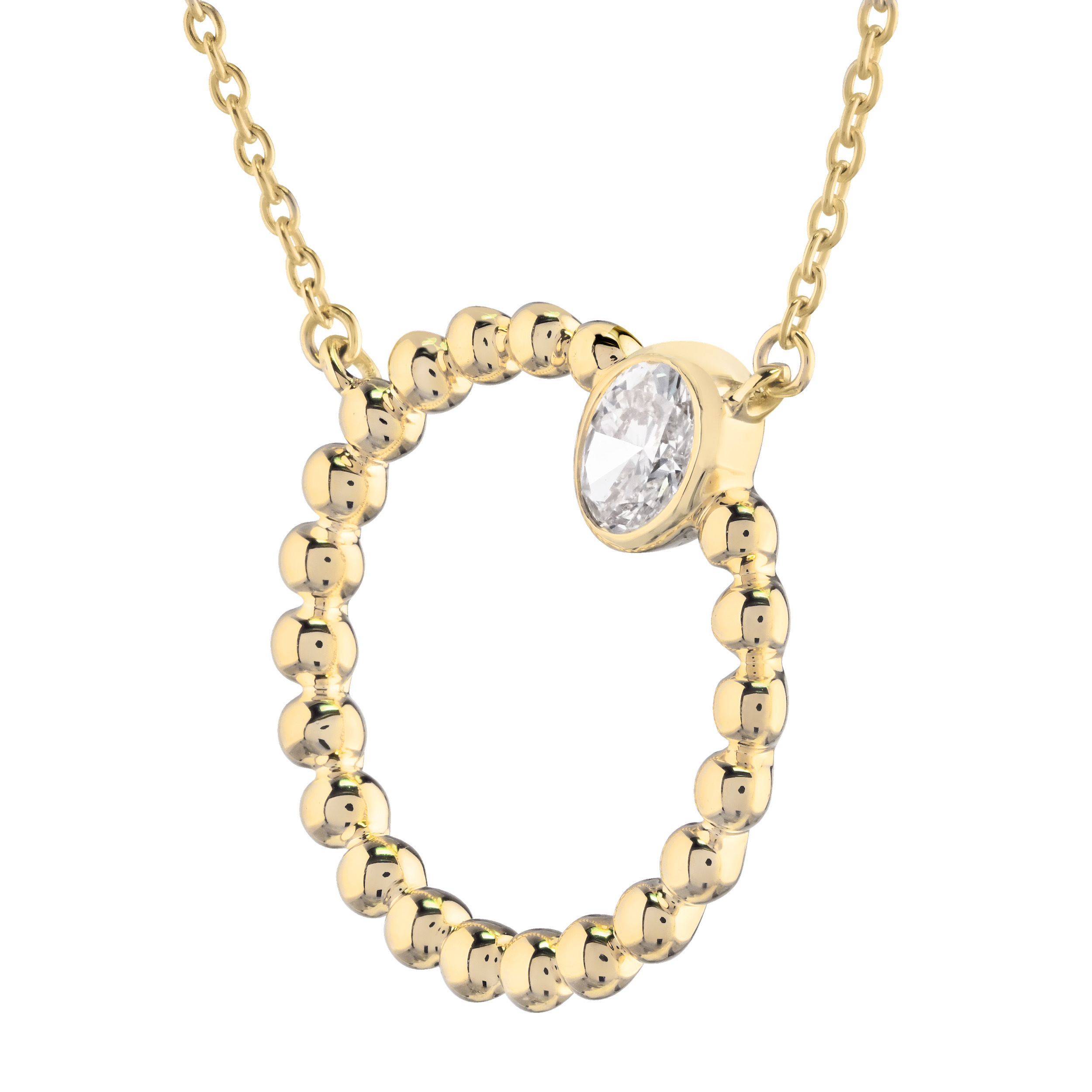 14K Yellow Gold Beaded Circle with Bezel Set Oval Diamond Necklace 0.20 Ctw