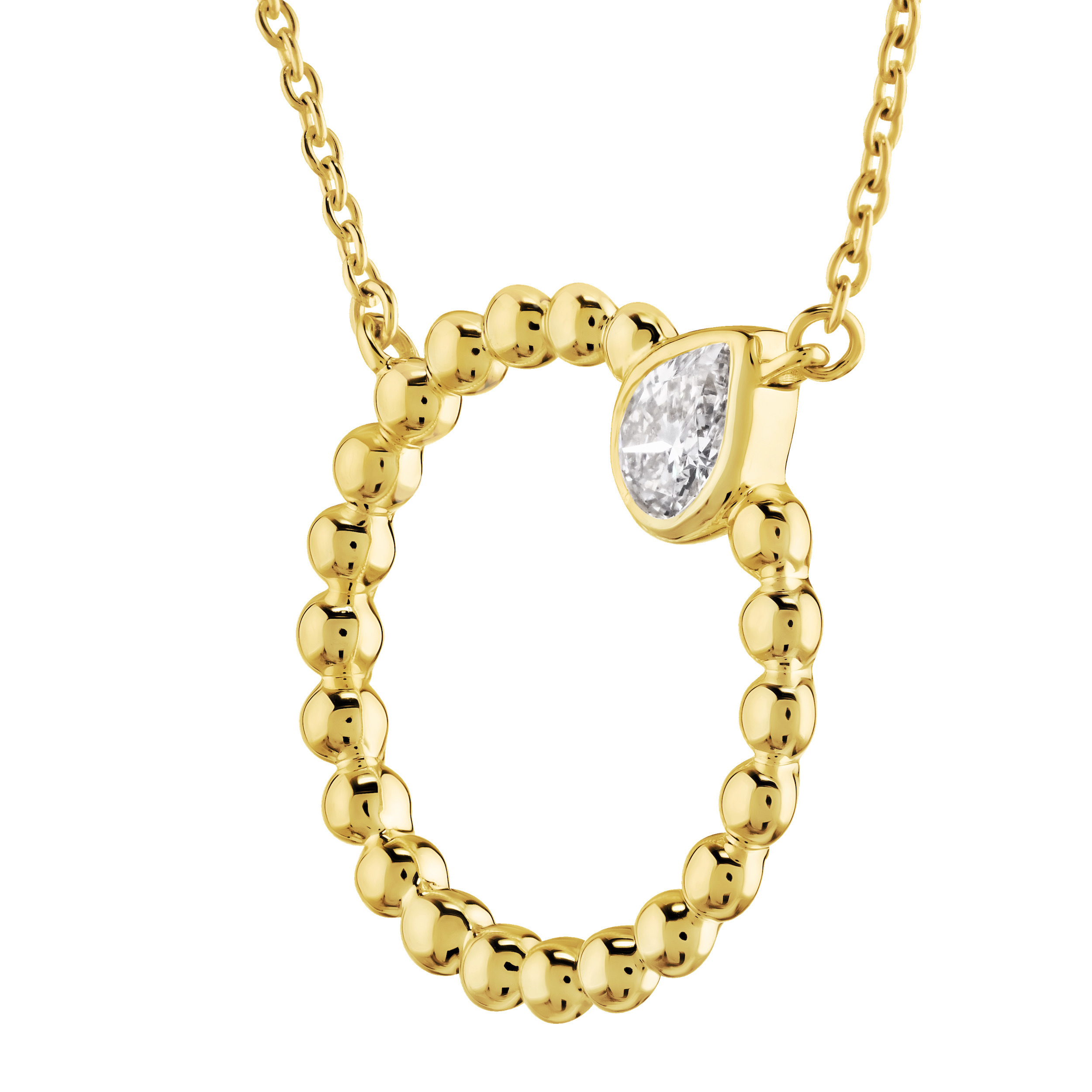 14K Yellow Gold Beaded Circle with Bezel Set Pear Shape Diamond Necklace 0.20 Ctw