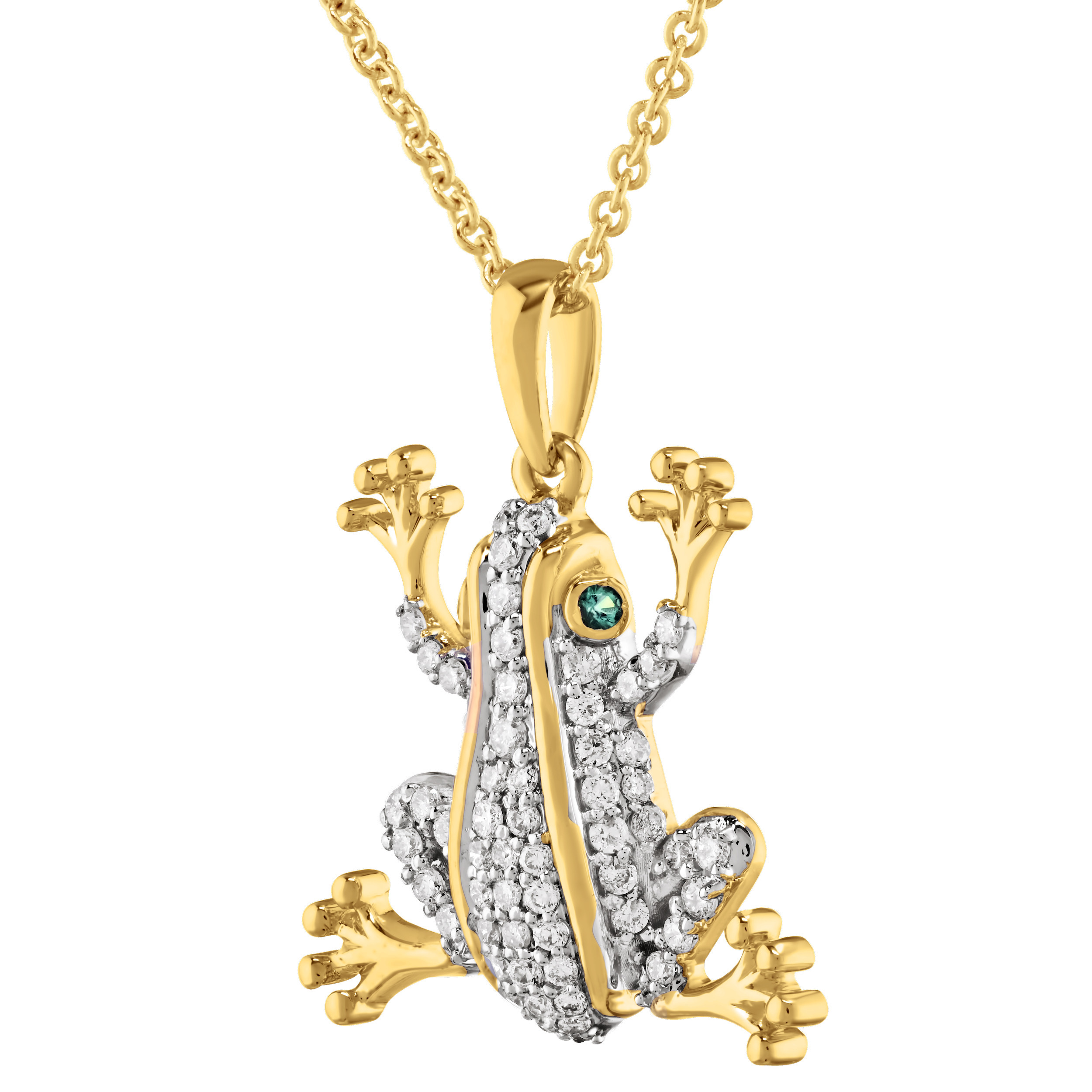 ZooLightful&trade; 14K Yellow Gold Pave Set Frog Emerald Eyes Pendant Diamond 0.25 Ctw