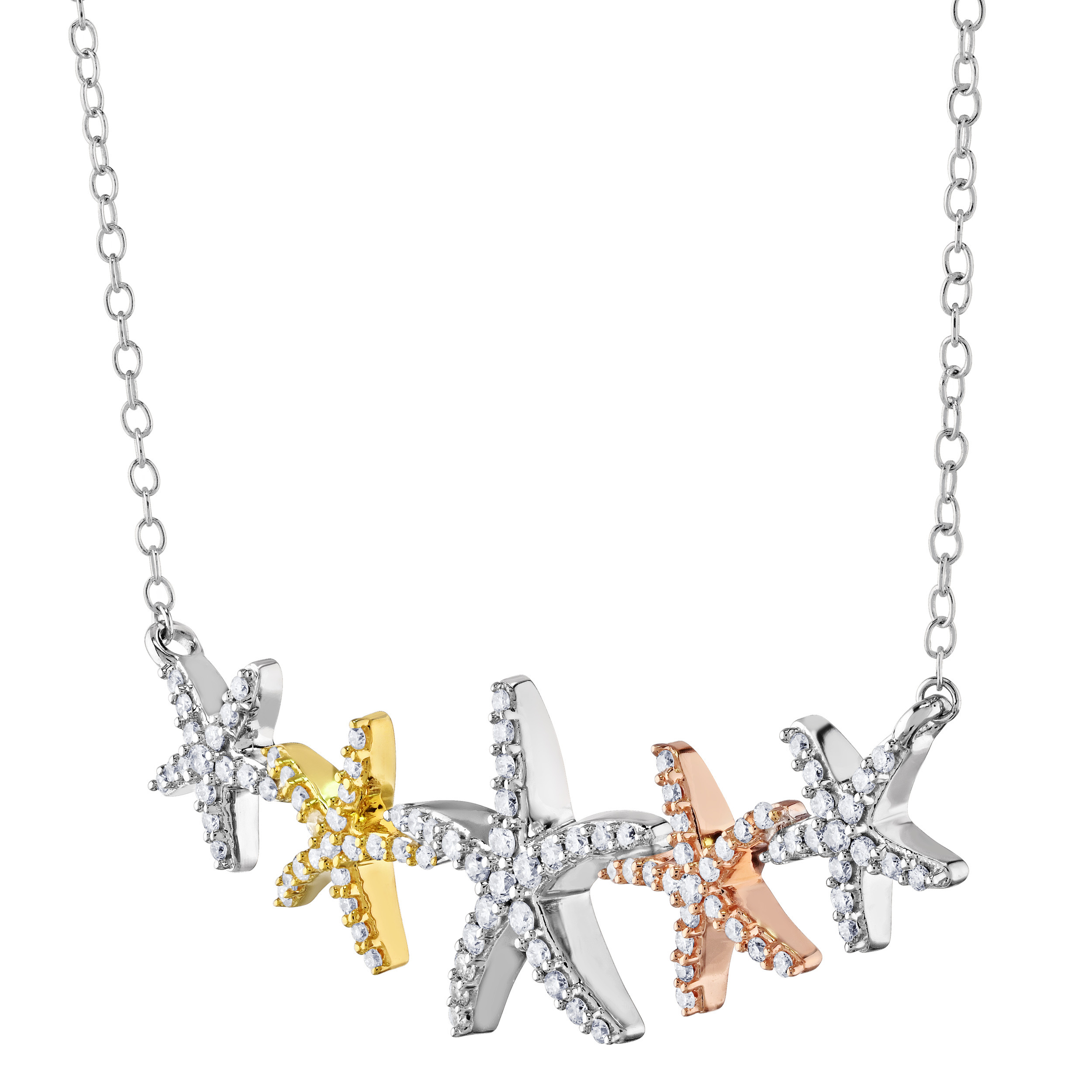 Oceanity&trade; 14K Two Tone Necklace 5 Pave Set Starfish Diamond 0.75 Ctw