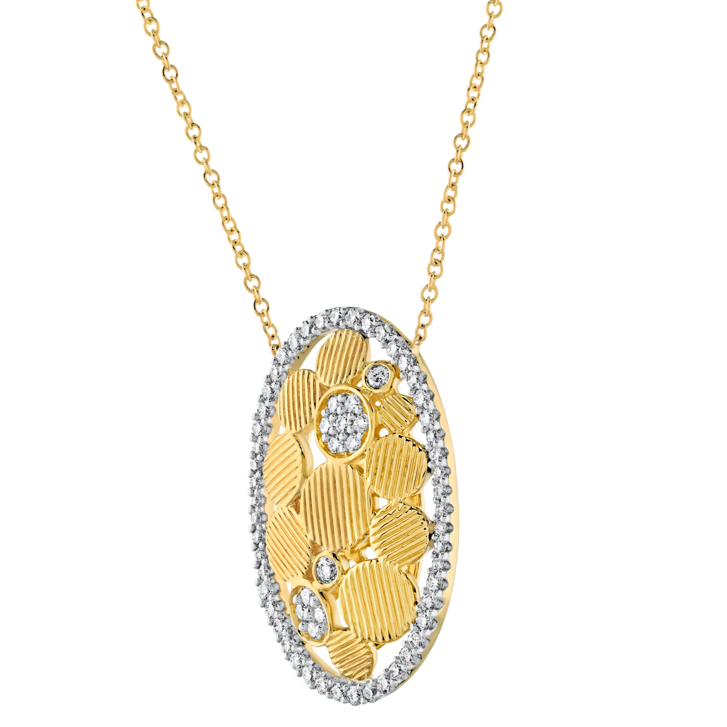 Textura&trade; 14K Yellow Gold Matte Textured Circles in Oval Frame Hidden Bail Diamond 0.33 Ctw