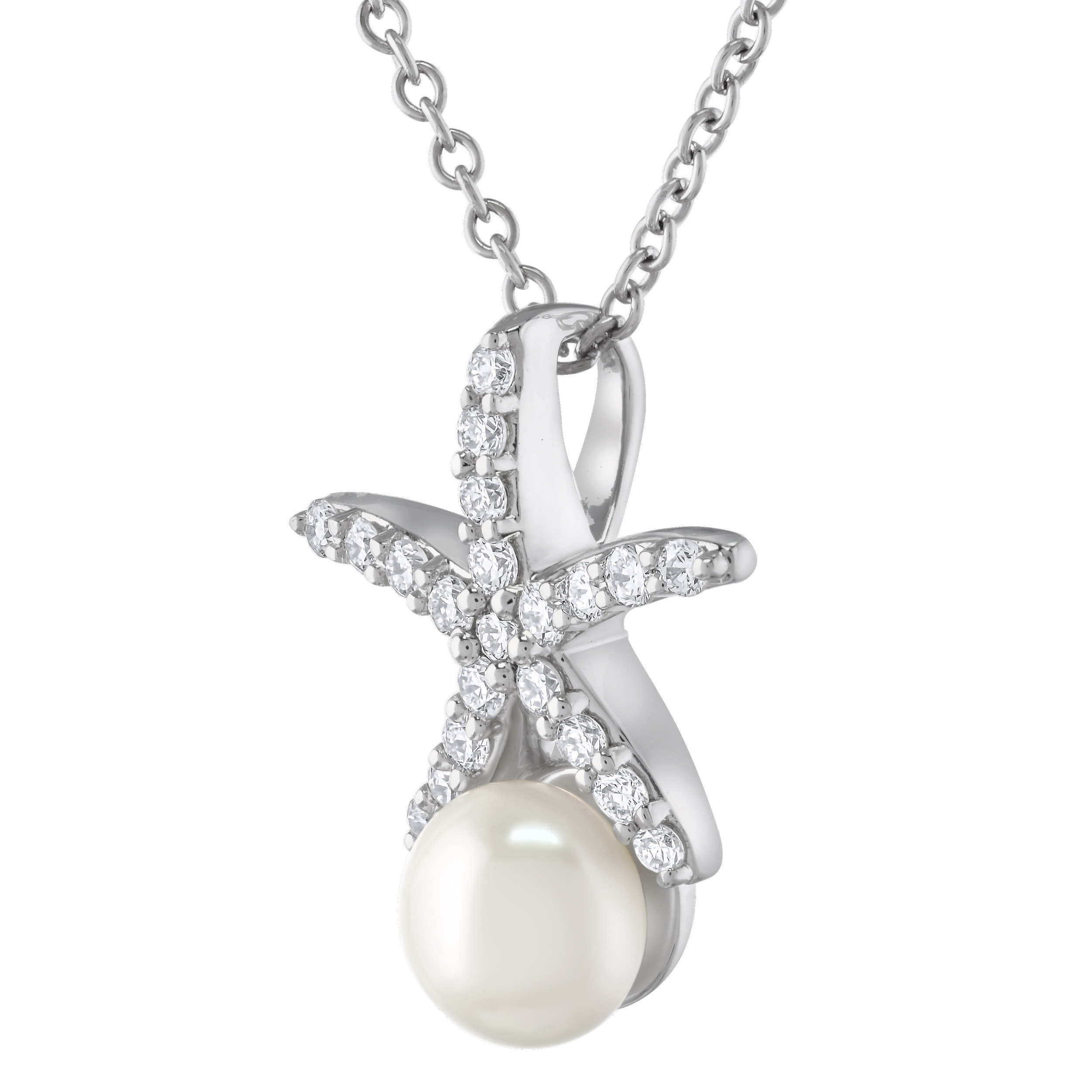 Oceanity&trade; 14K White Gold Pendant Starfish with Pearl 5mm Hidden Bail Diamond 0.15 Ctw