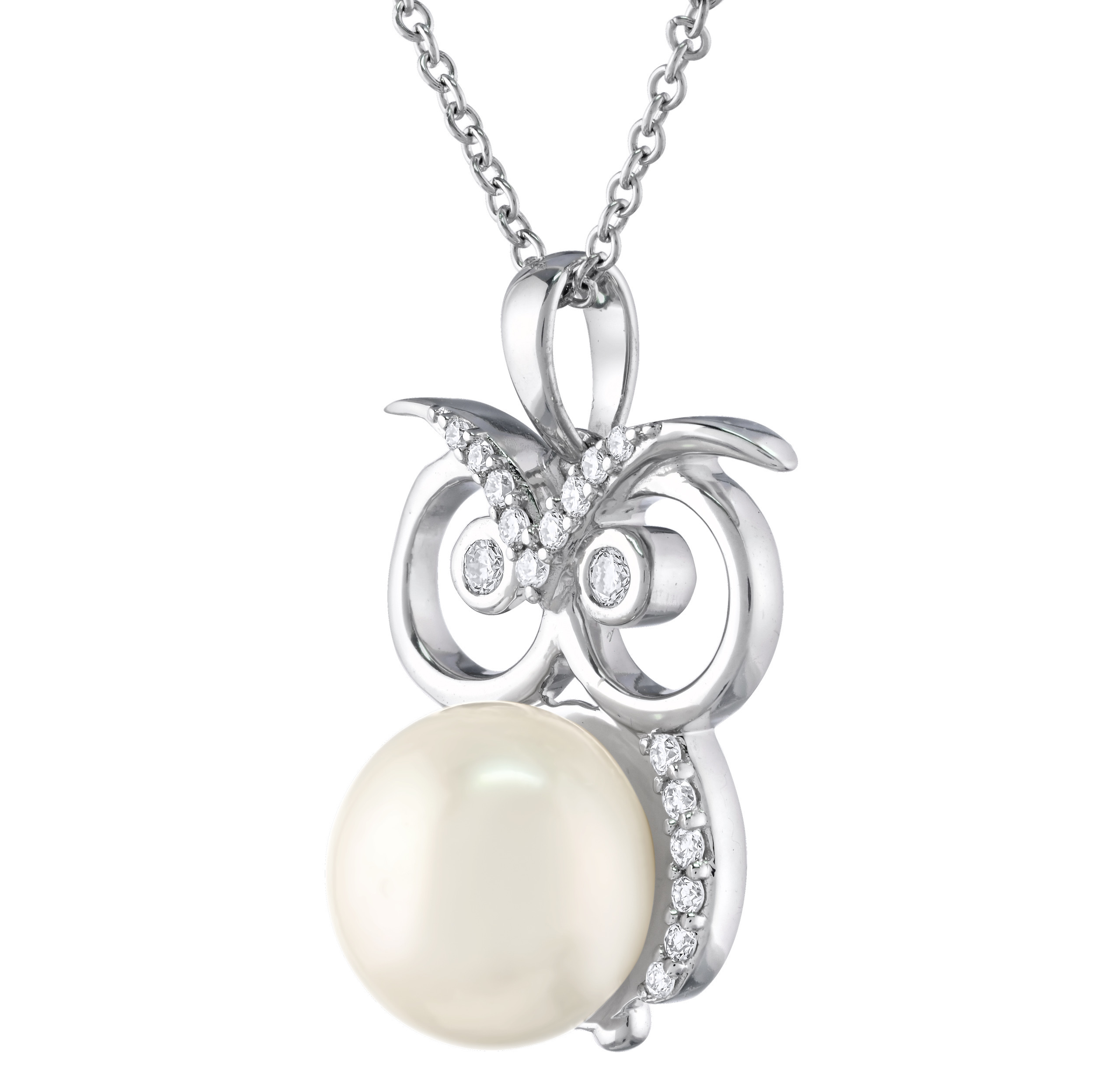 ZooLightful&trade; 14K White Gold Cutout Owl with Pearl 2.35mm Pendant Diamond Pearl 0.12 Ctw