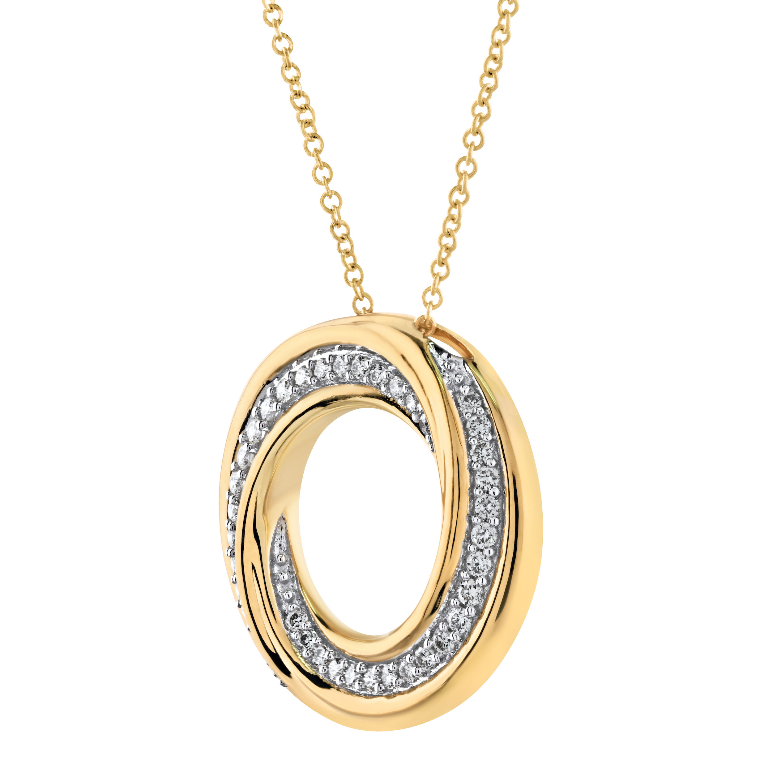 14K Yellow Gold Circle with Pave Swirl Hidden Bail Diamond Pendant 0.25 Ctw