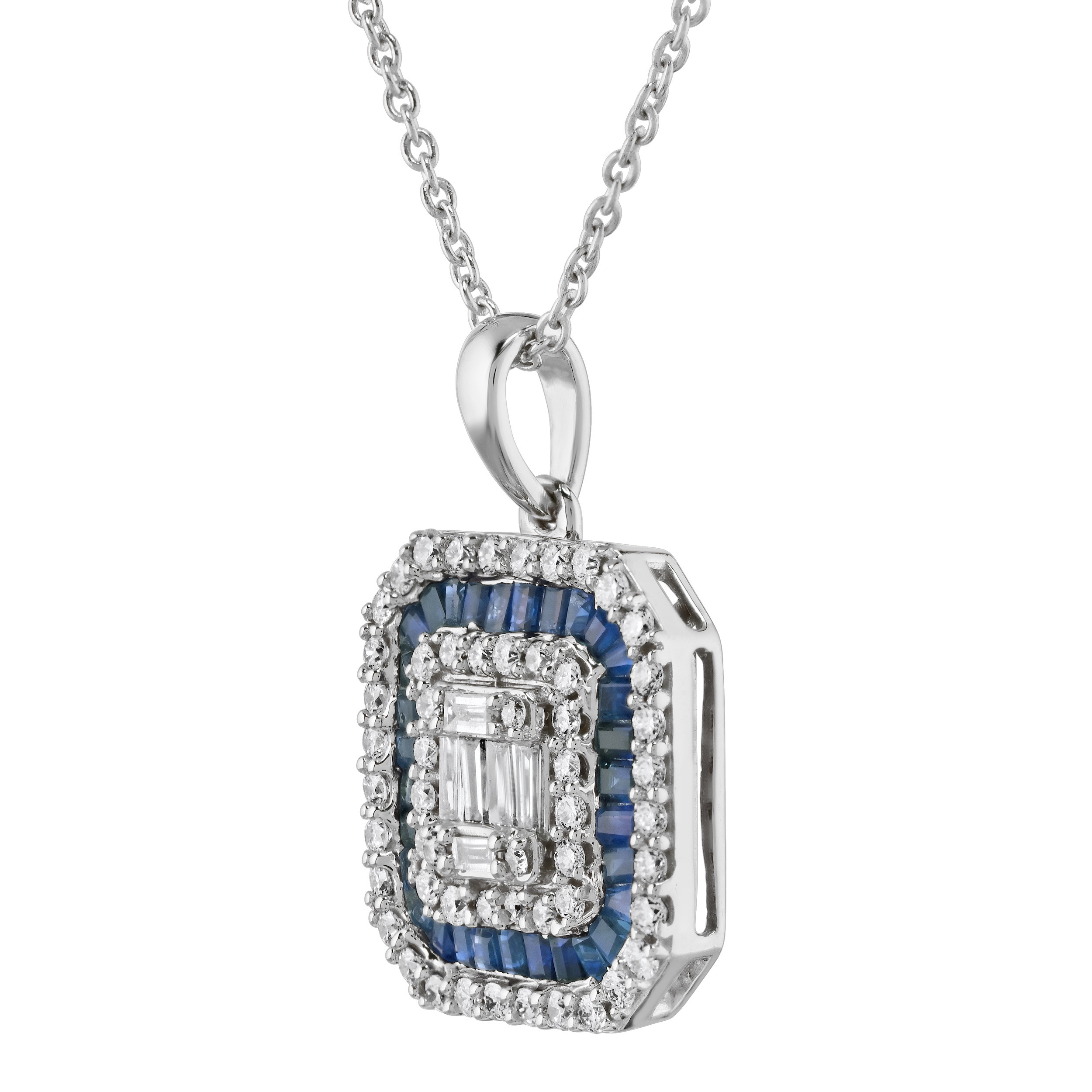 Vintage Treasures&trade; 14k White Gold Baguette Cluster with Diamond & Baguette Sapphire Halo's Pendant Diamond & Blue Sapphire 0.74 Ctw