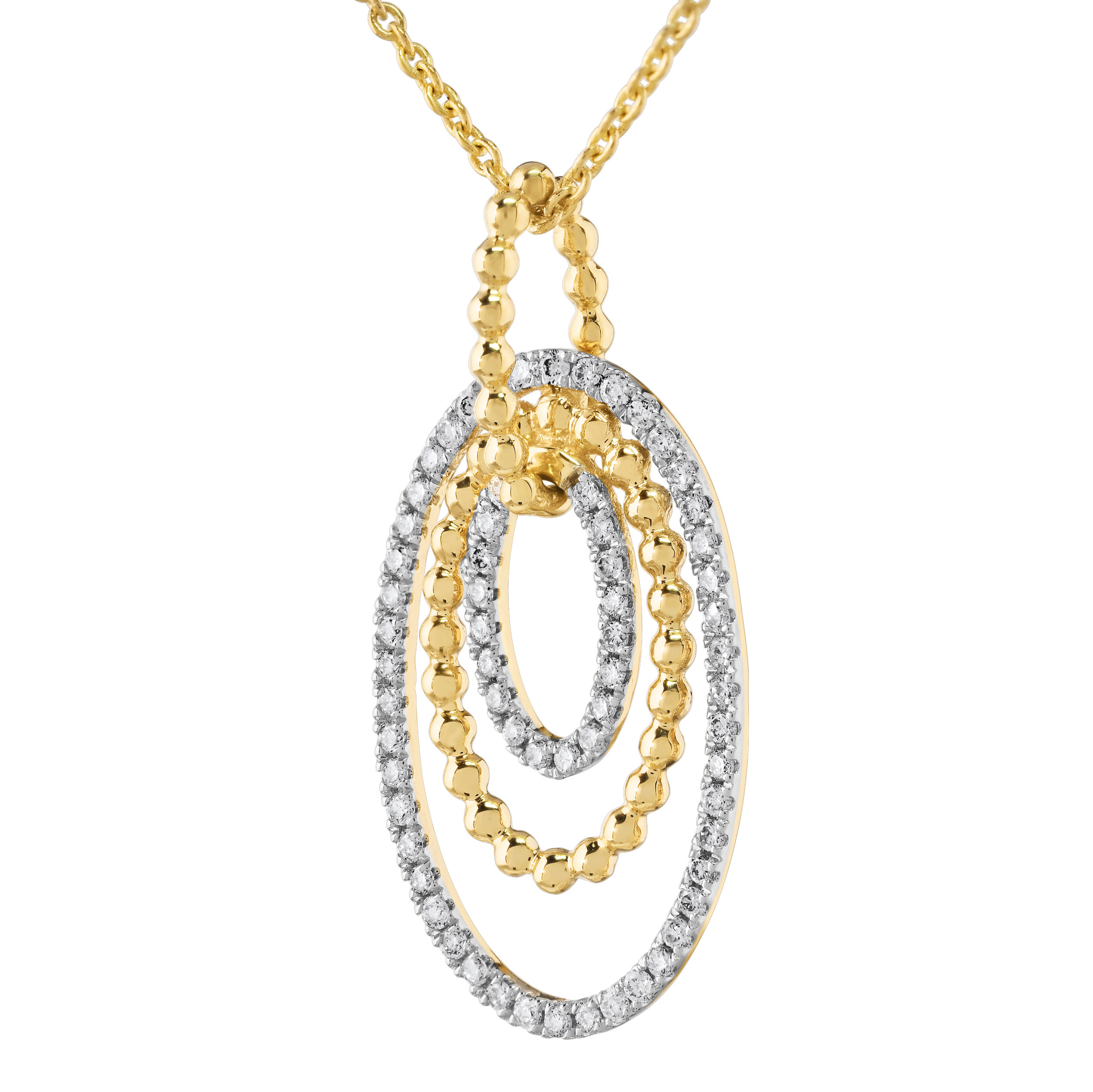 14K Two Tone Oval with Alternating Diamond & Beaded Rows Diamond Pendant 0.25 Ctw