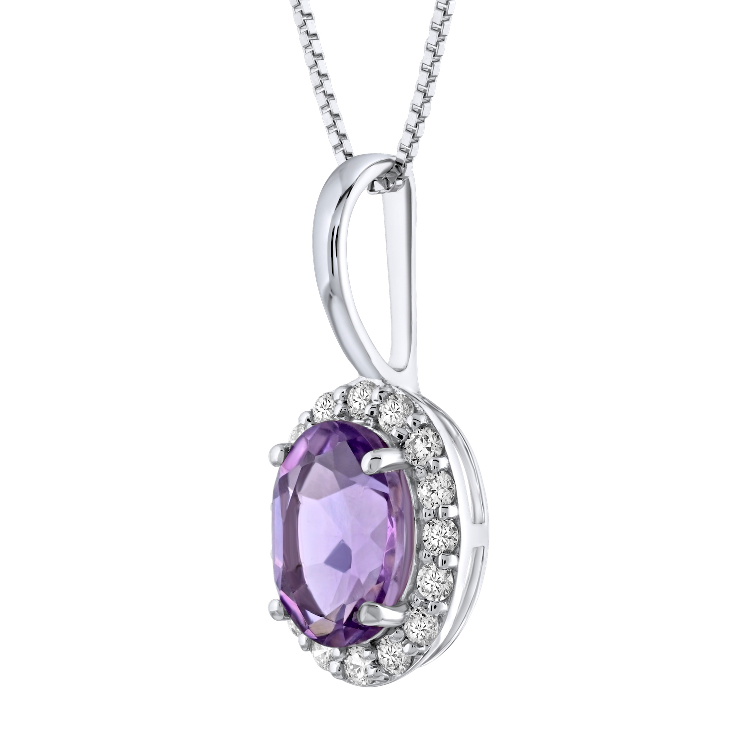 Birthstone Collection 10K White Gold Oval Halo Pendant Diamond and Amethyst 0.66 Ctw