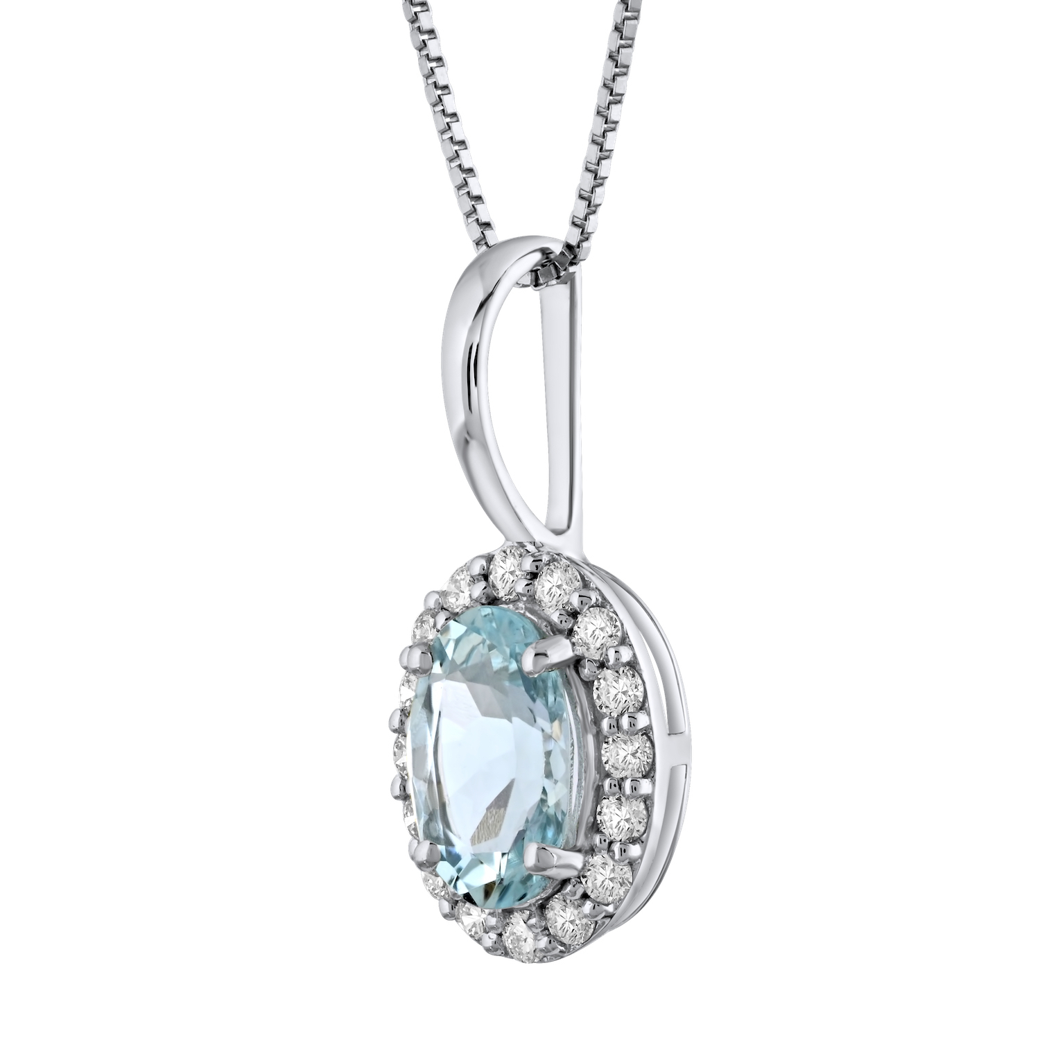 Birthstone Collection 10K White Gold Oval Halo Pendant Diamond and Aqua Cushion 0.66 Ctw