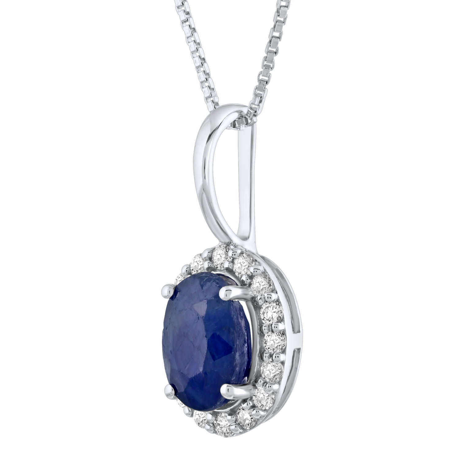 Birthstone Collection 10K White Gold Oval Halo Pendant Diamond and Blue Sapphire 0.66 Ctw