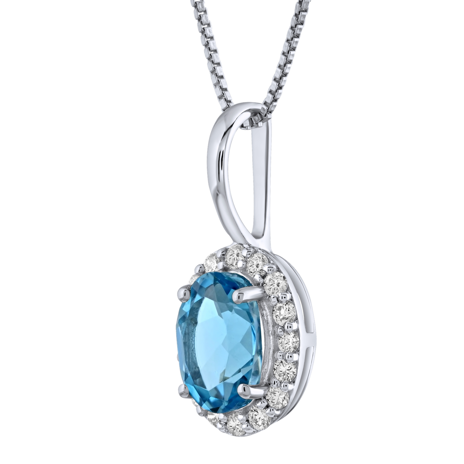 Birthstone Collection 10K White Gold Oval Halo Pendant Diamond and Blue Topaz 0.66 Ctw