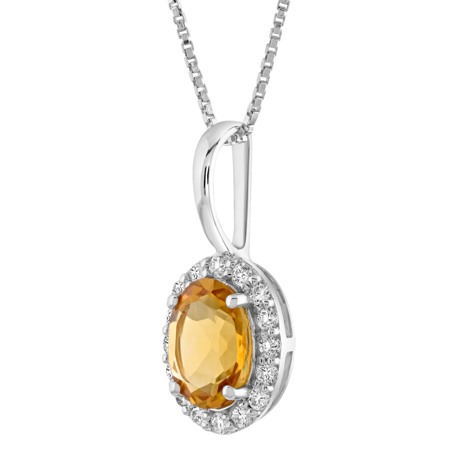 Birthstone Collection 10K White Gold Oval Halo Pendant Diamond and Citrine 0.66 Ctw