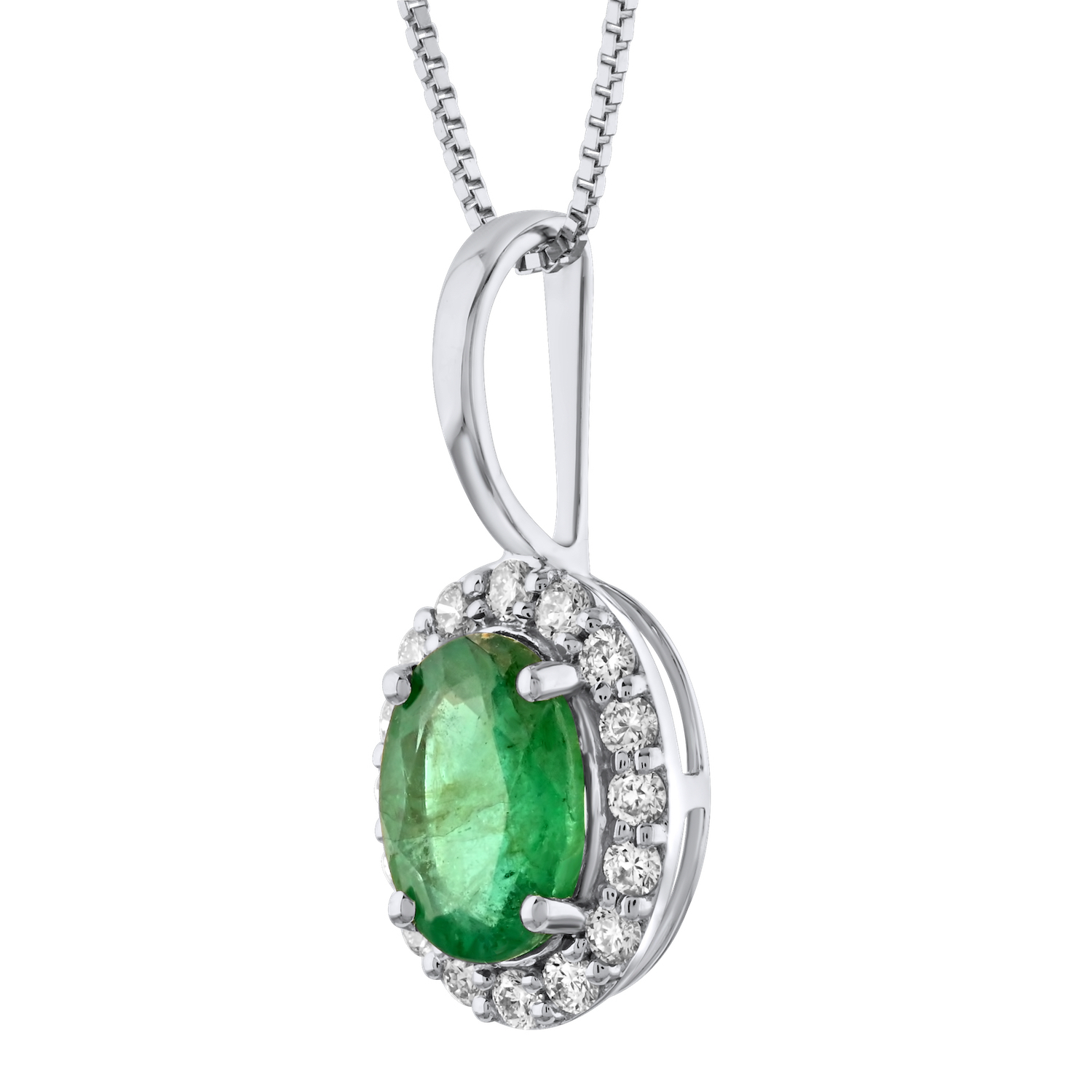 Birthstone Collection 10K White Gold Oval Halo Pendant Diamond and Emerald 0.66 Ctw