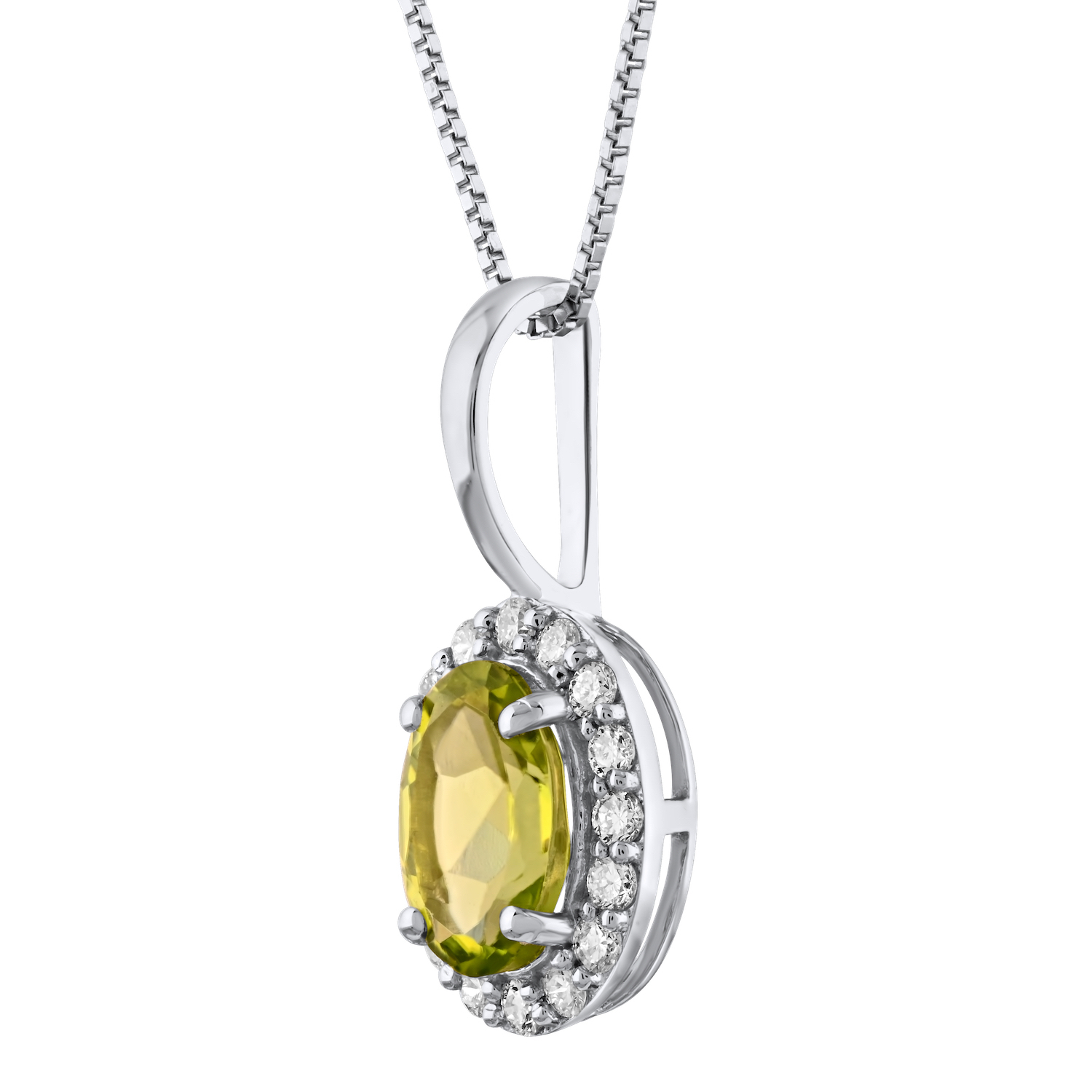 Birthstone Collection 10K White Gold Oval Halo Pendant Diamond and Peridot 0.66 Ctw