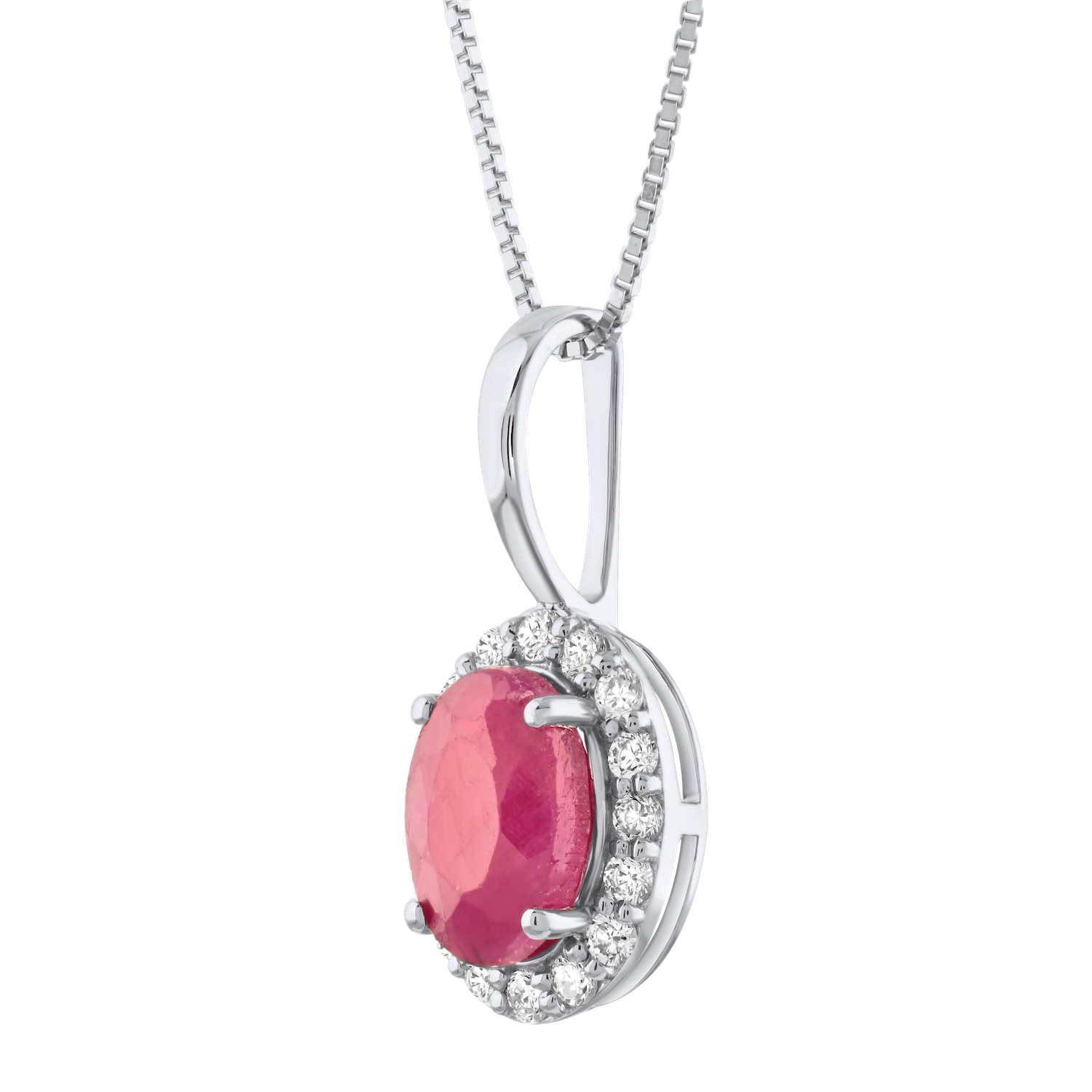 Birthstone Collection 10K White Gold Oval Halo Pendant Diamond and Ruby 0.66 Ctw