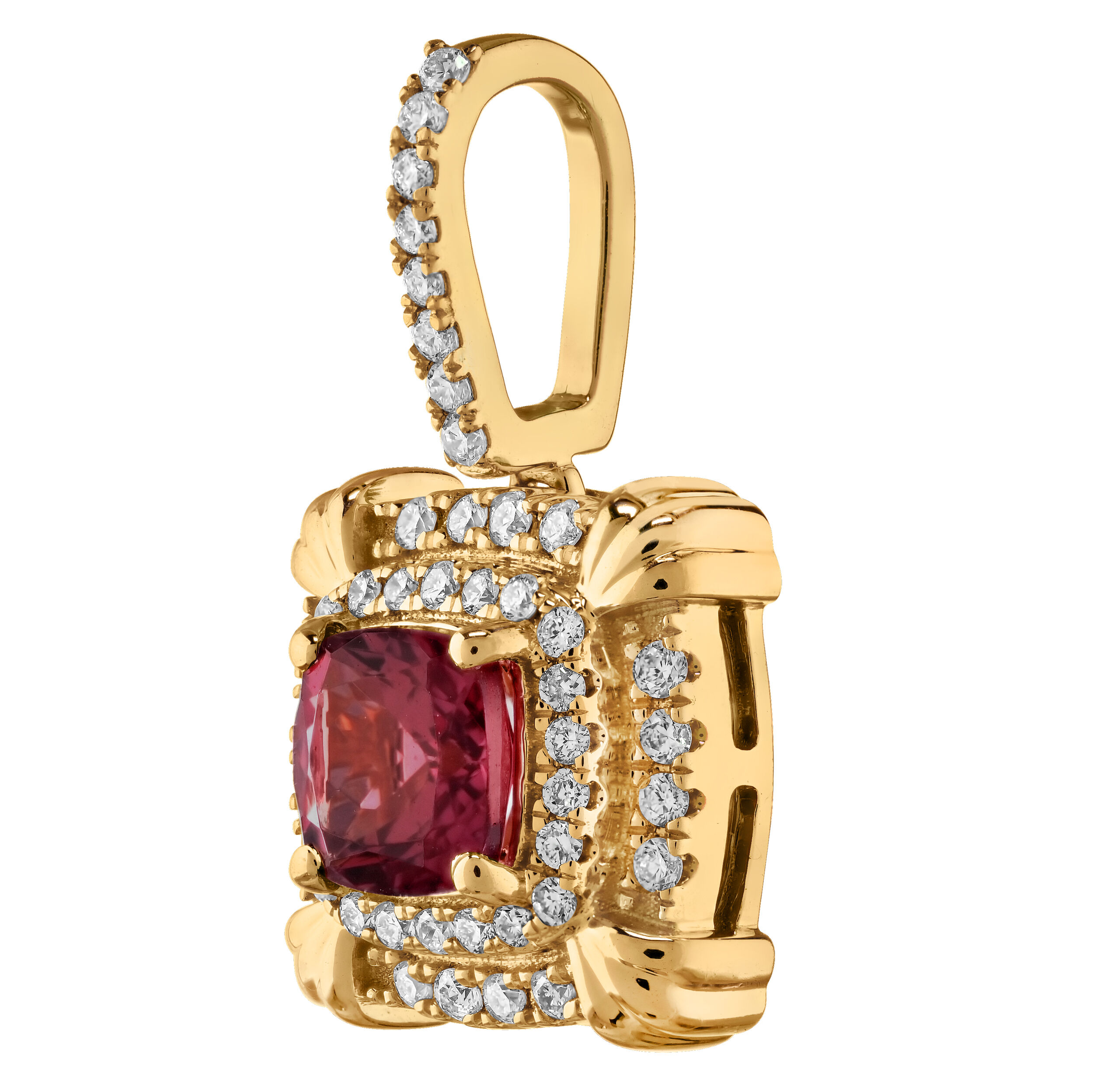 RedVelvet&trade; 14K Yellow Gold Cushion Double Halo Diamond Bail Pendant 0.71 Ctw Natural Rubellite